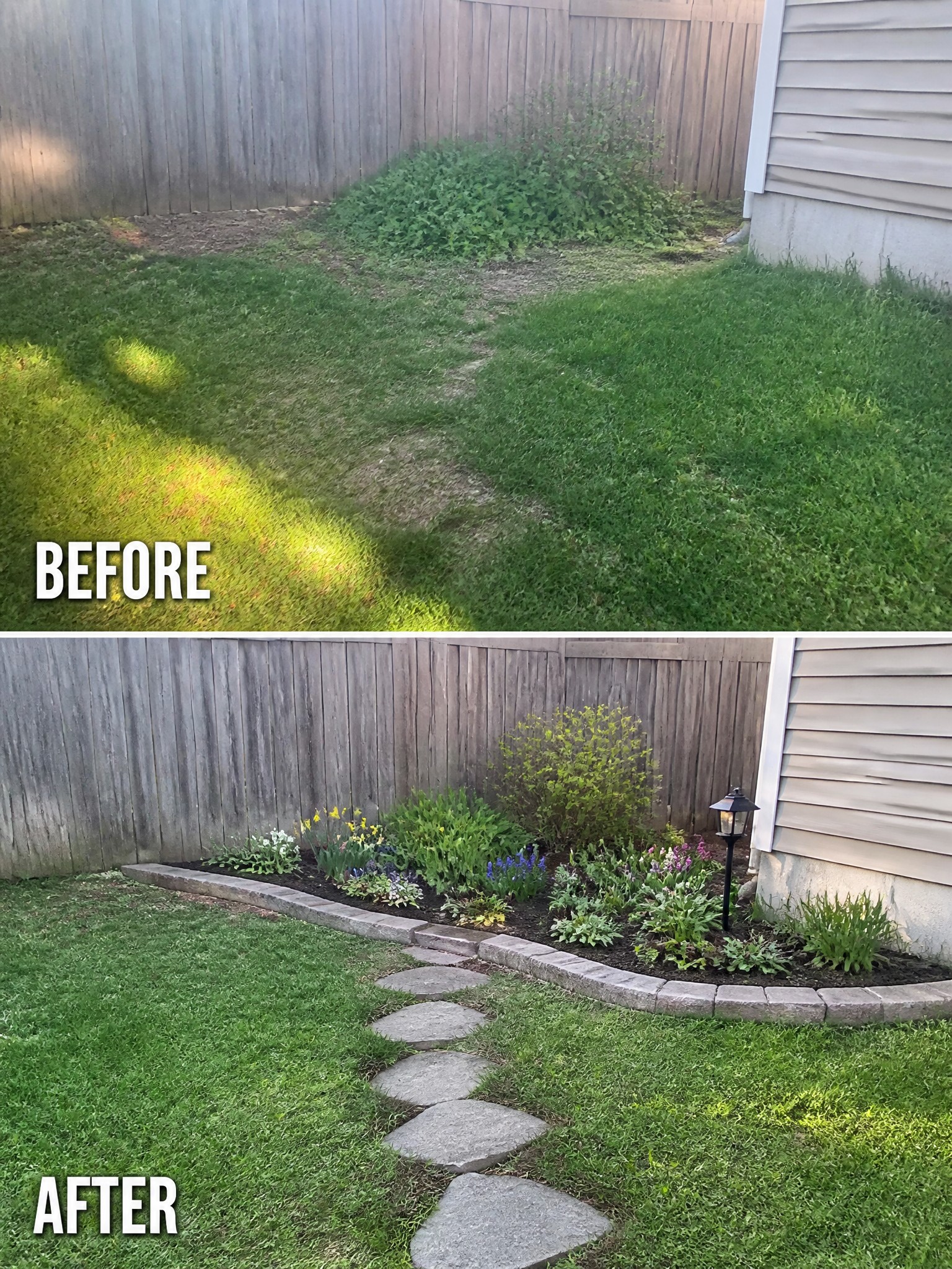 Before-and-after image of an overgrown backyard changed into a landscaped area with a stone-bordered garden bed, stepping stone path, and new plantings along the fence.