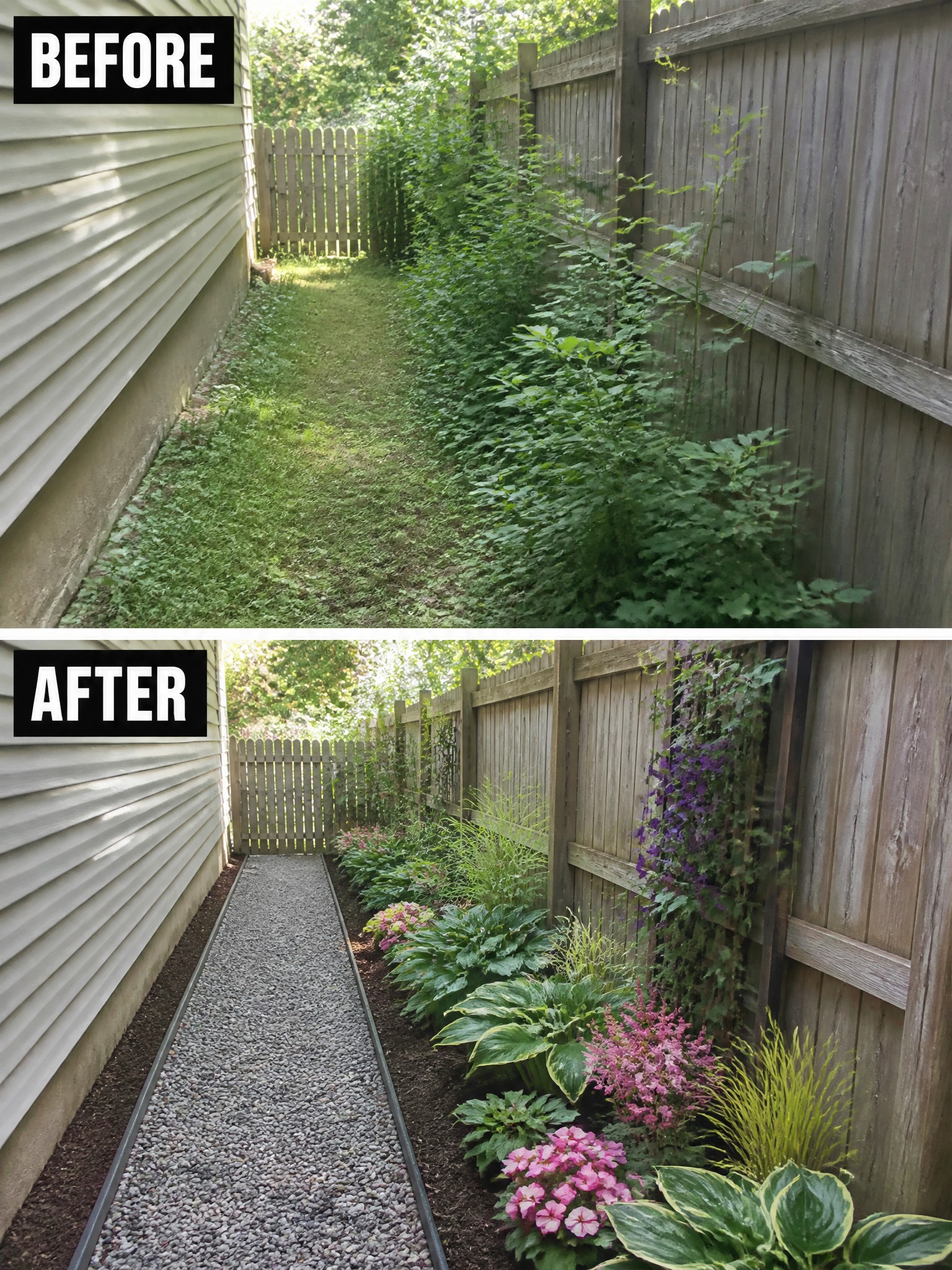 Before and after of overgrown yard transformed into landscaped garden with gravel path and flowers.