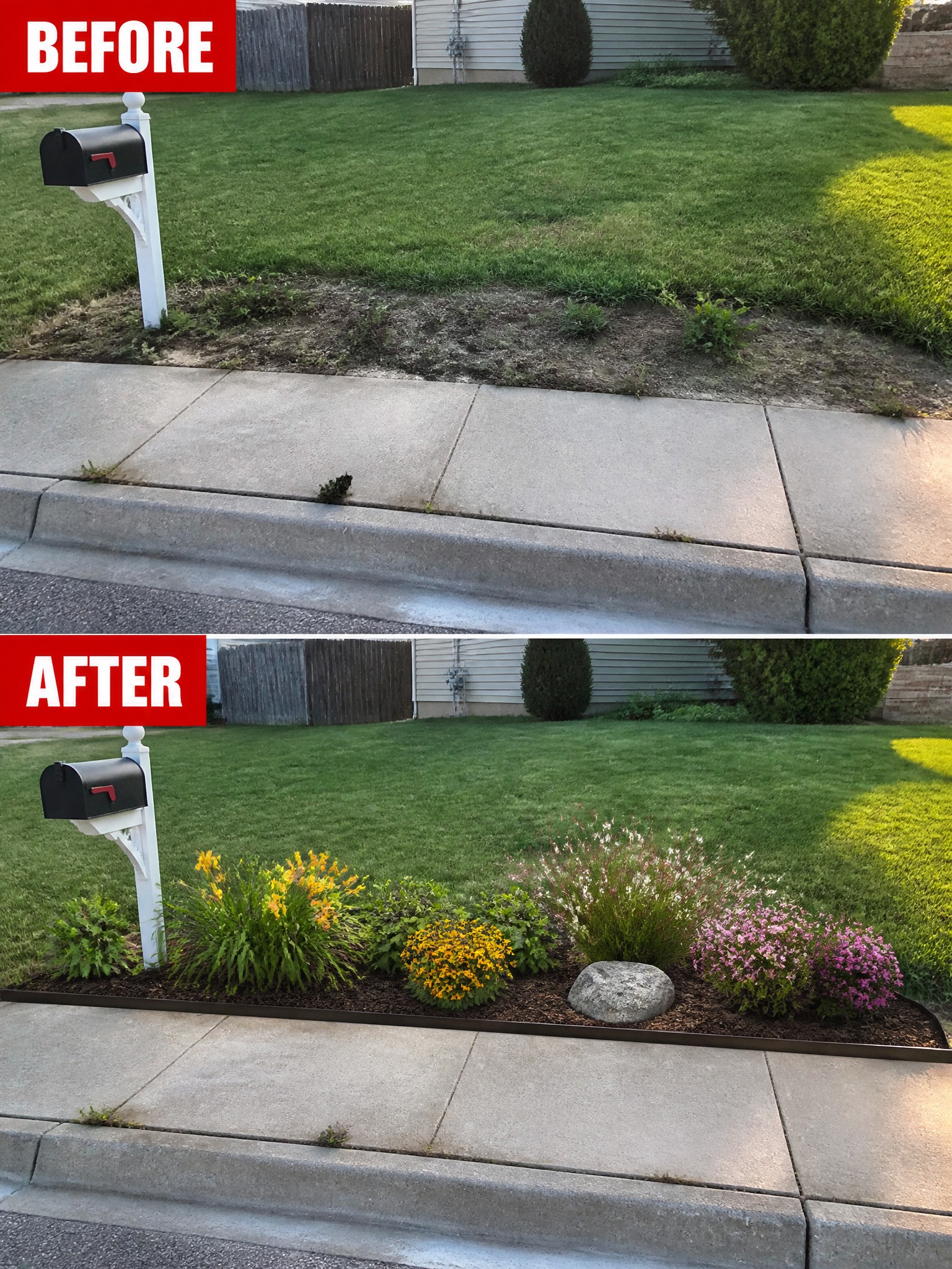 Before and after of mailbox with new mulched flower bed along sidewalk.