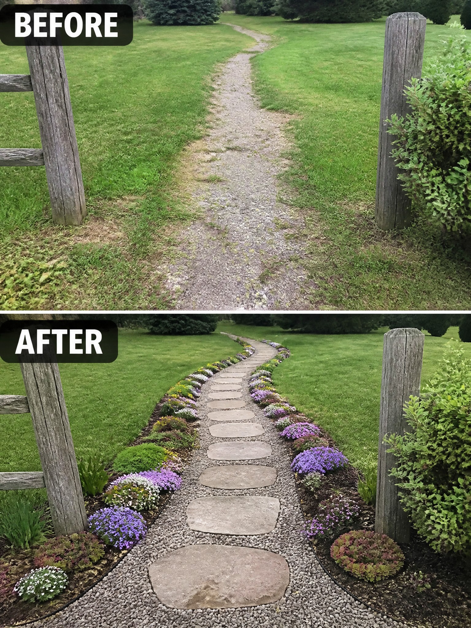 Before and after of a garden path with added stone steps and colorful flower borders.