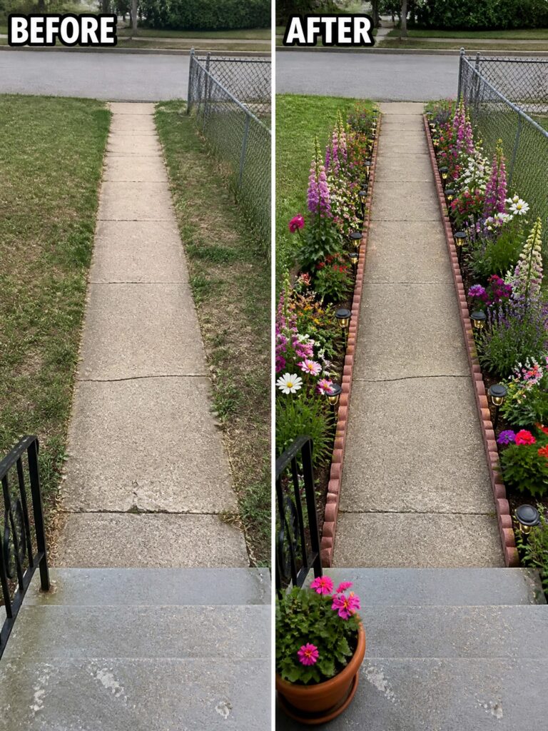 Before and after of plain concrete path transformed by colorful flower beds and brick borders.