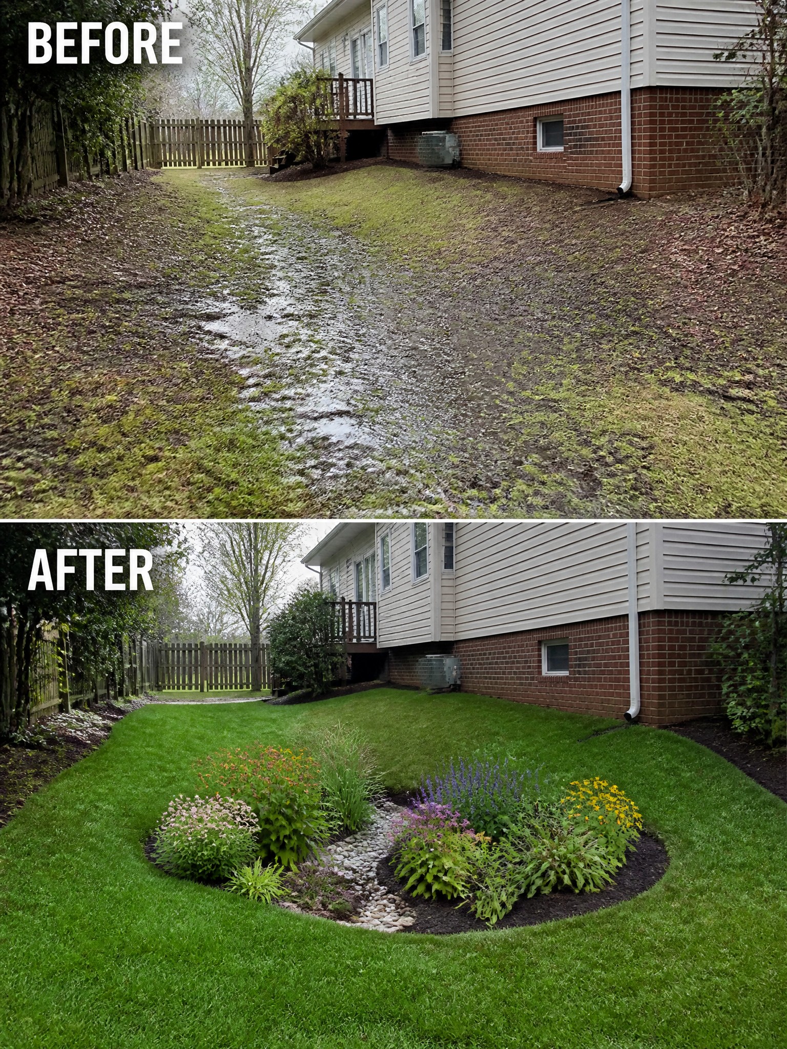 Before muddy flooded lawn, after lush green yard with colorful flower bed.