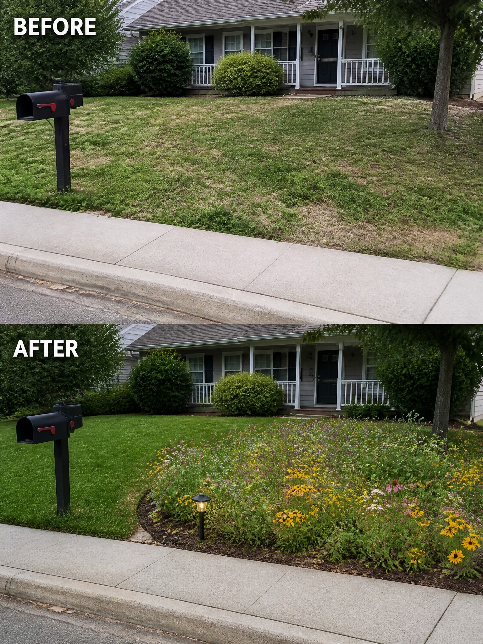Before-and-after image of a patchy front lawn transformed by adding a mulched garden bed with colorful flowers along the sidewalk.