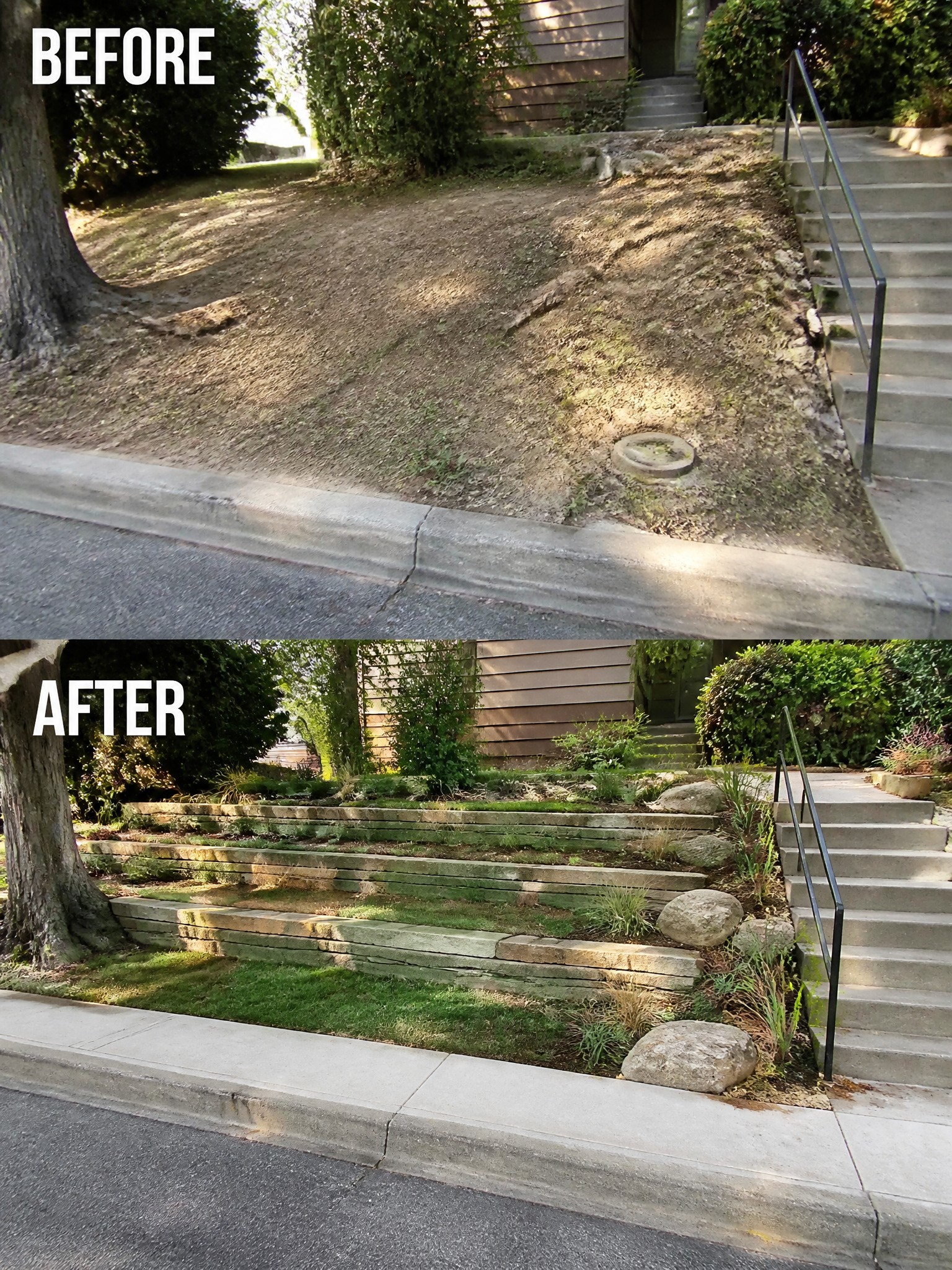 Before and after of bare dirt slope transformed into tiered stone garden terraces