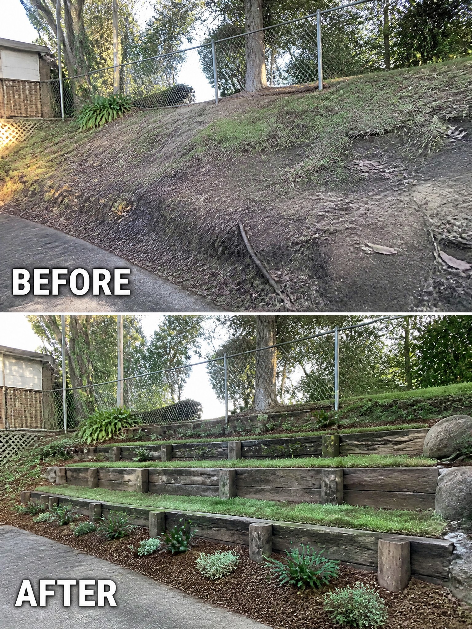 Before-and-after image of a patchy sloped yard changed into terraced garden beds held by wooden retaining walls.