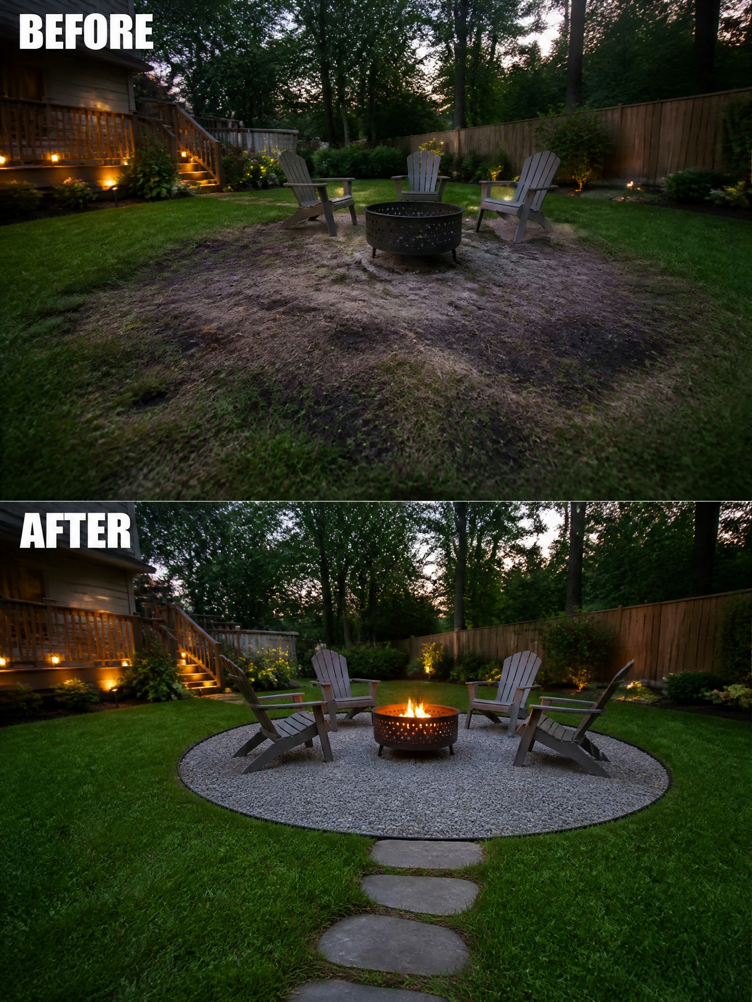 Before and after backyard fire pit with gravel circle and stone path