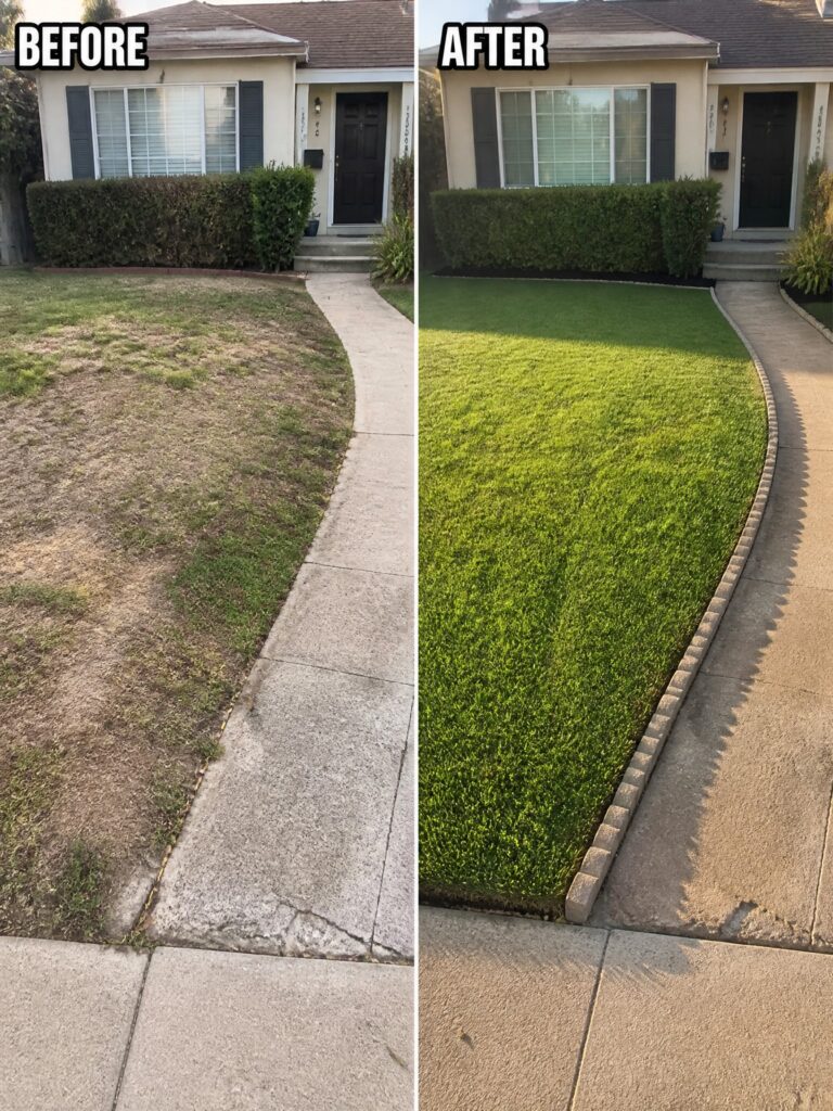 23 Fresh Lawn Makeover Ideas for Patchy Grass Areas Before and after of patchy brown lawn transformed into lush green grass with walkway.