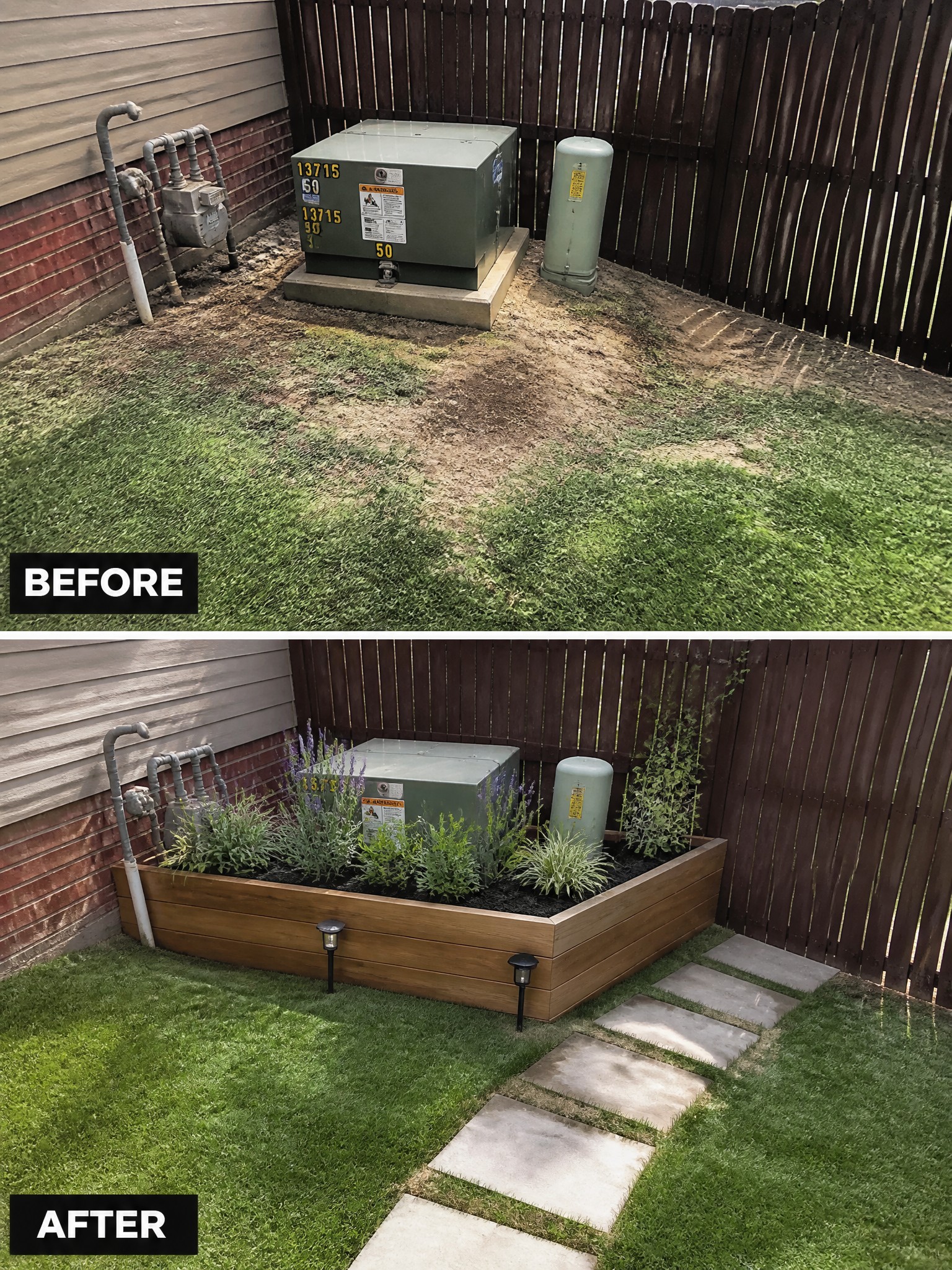 Before and after of dirt yard with utilities transformed into wooden planter box with path.