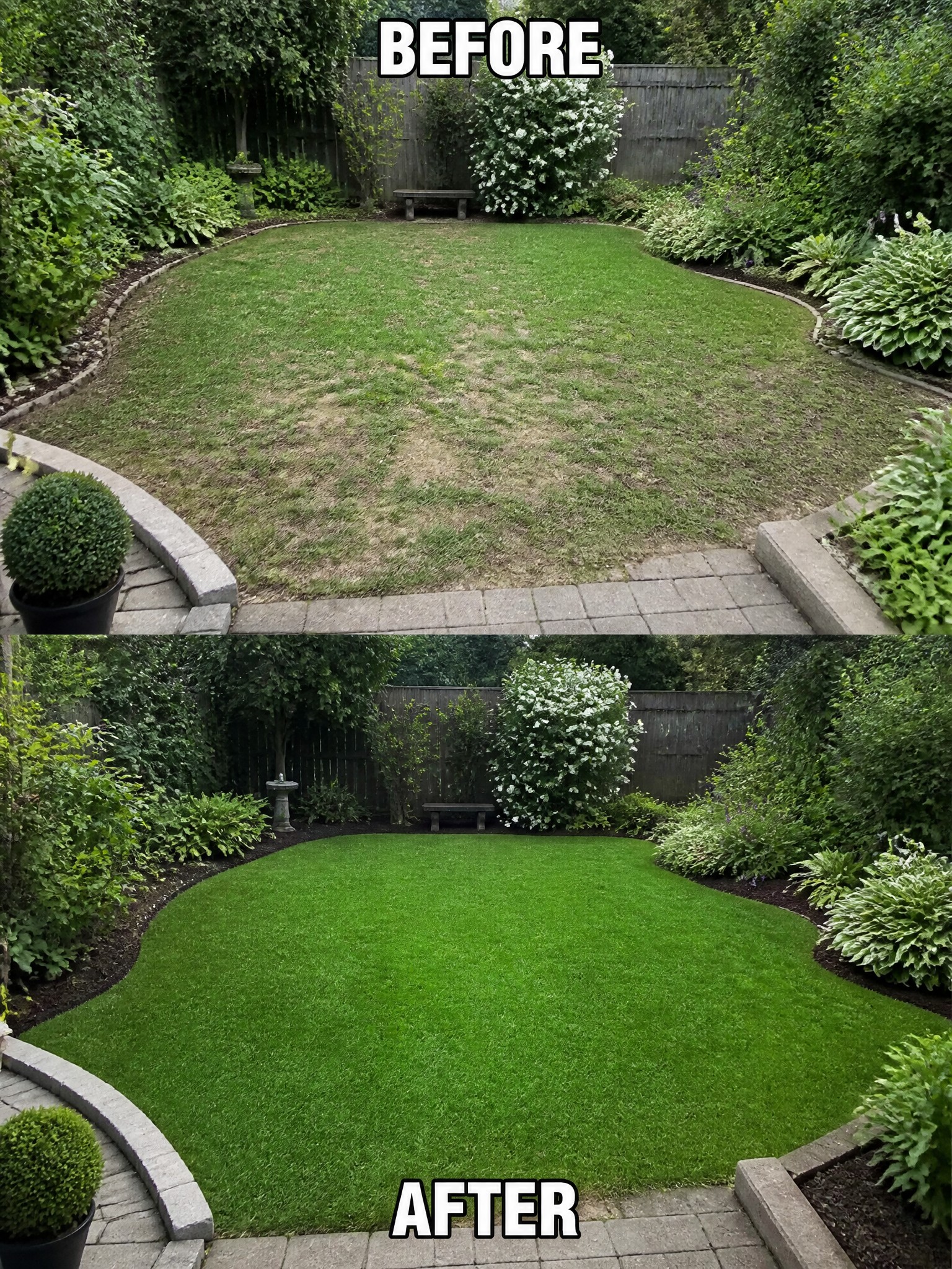 Before and after of patchy lawn transformed into lush green garden turf.