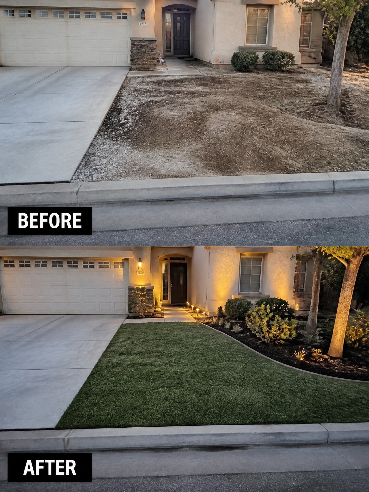 Before and after view of front yard changed from dirt to green lawn