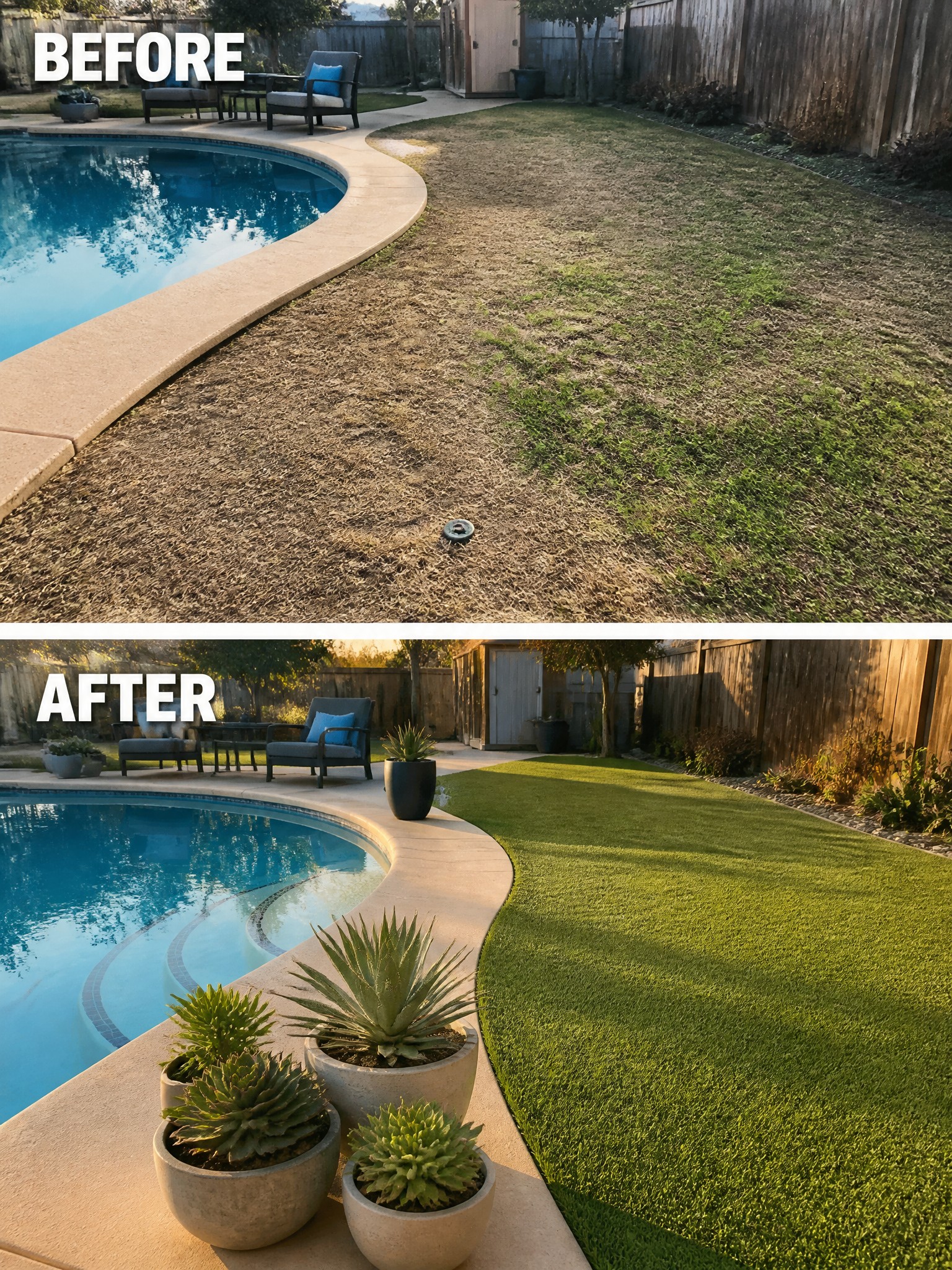 Before-and-after image of a patchy dry lawn beside a pool changed into a green turf area with potted plants along the edge.