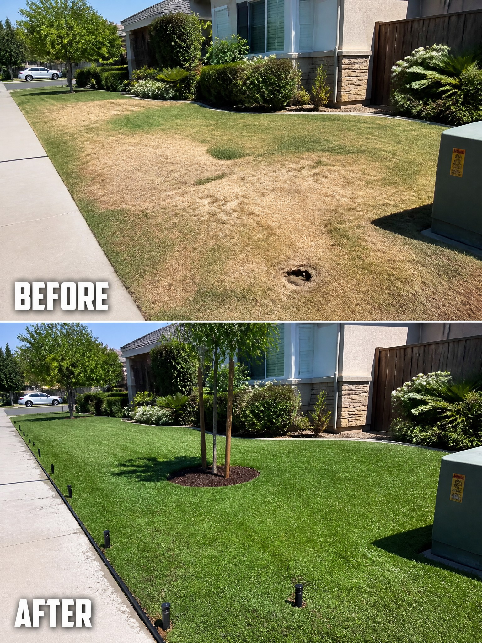 Before-and-after image of a patchy brown lawn replaced with fresh green sod and young trees planted for added structure.