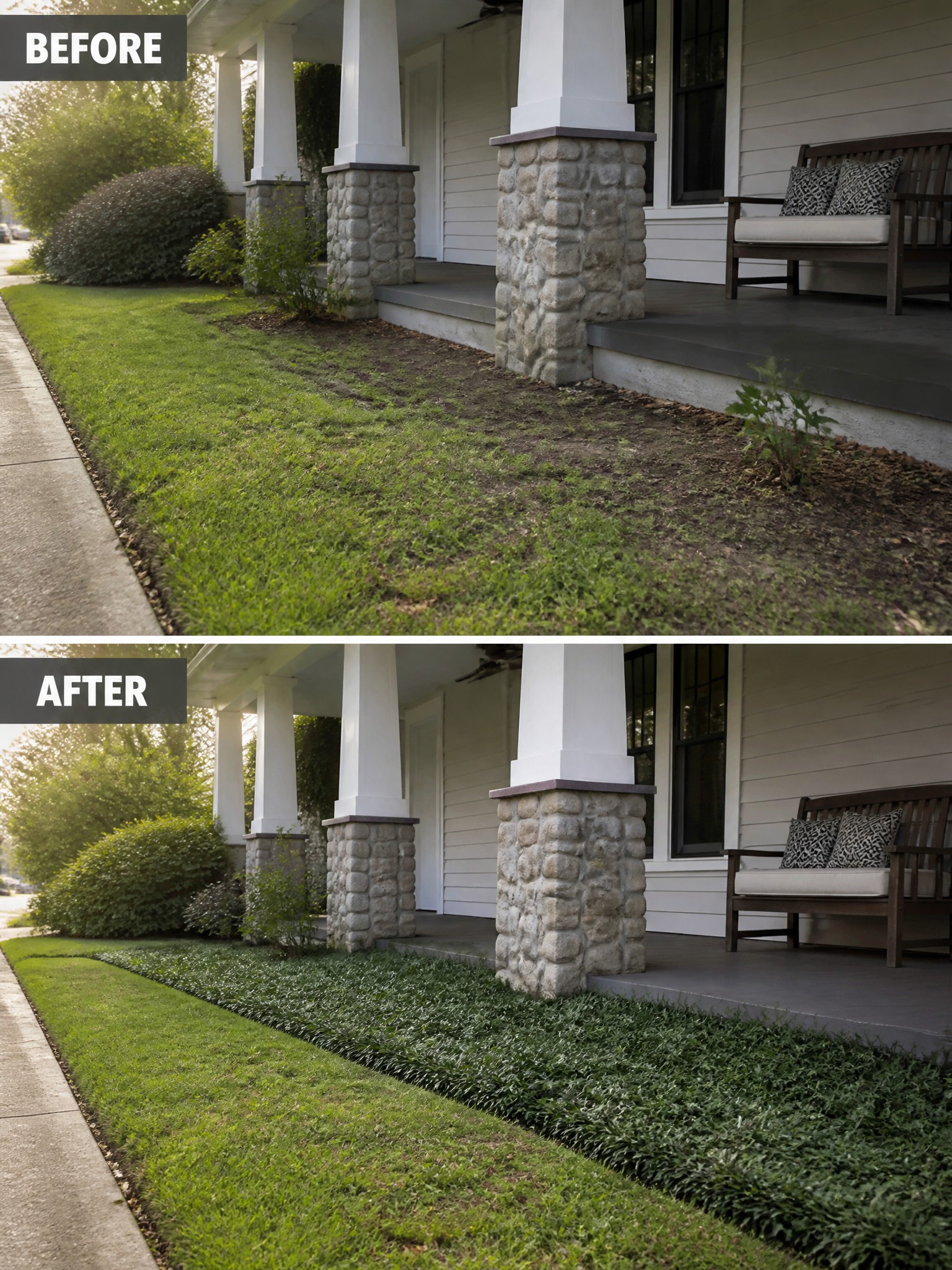Before and after of patchy lawn transformed into lush green grass by house porch