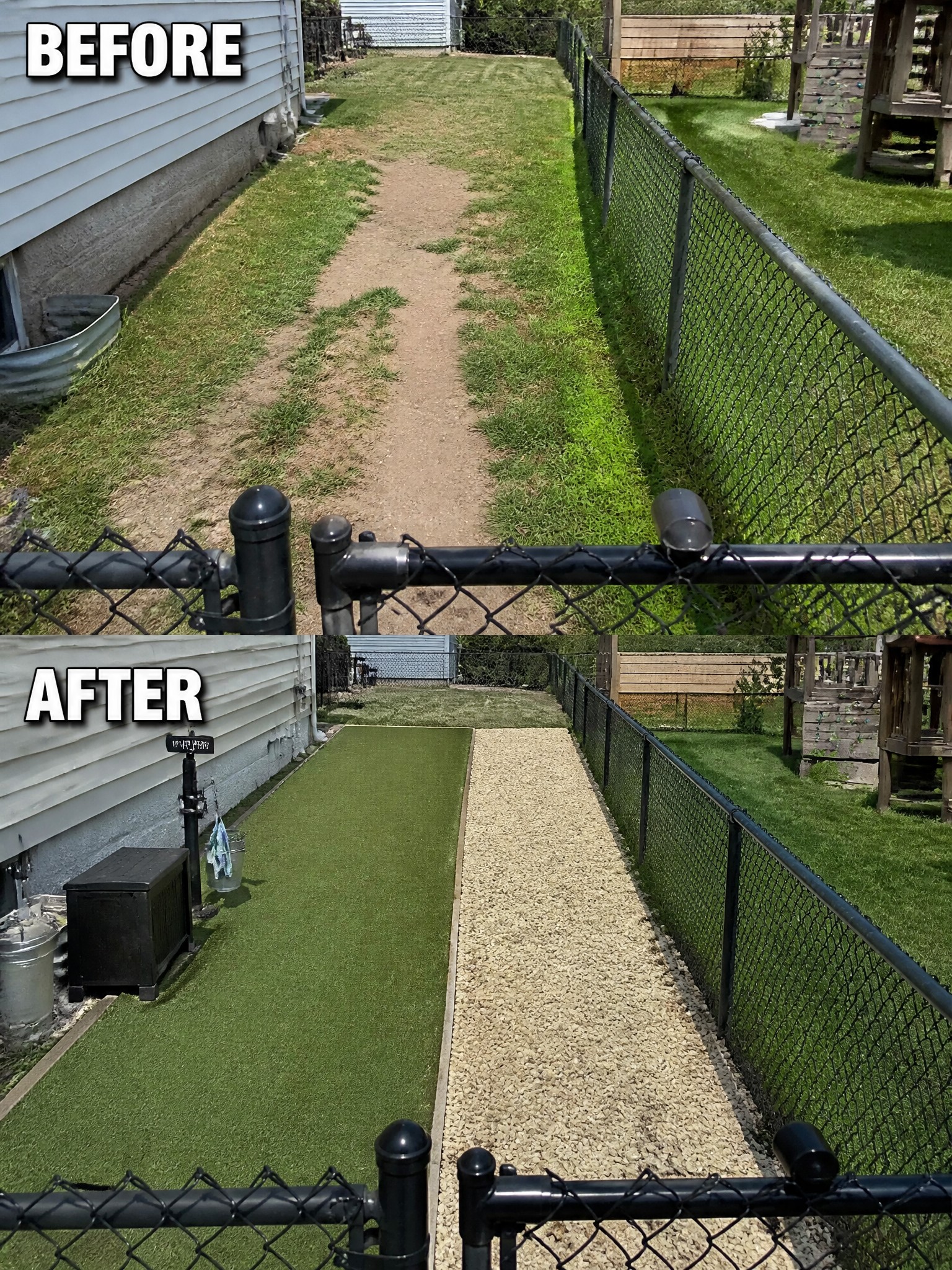 Before-and-after yard makeover with turf, gravel path, and black fence