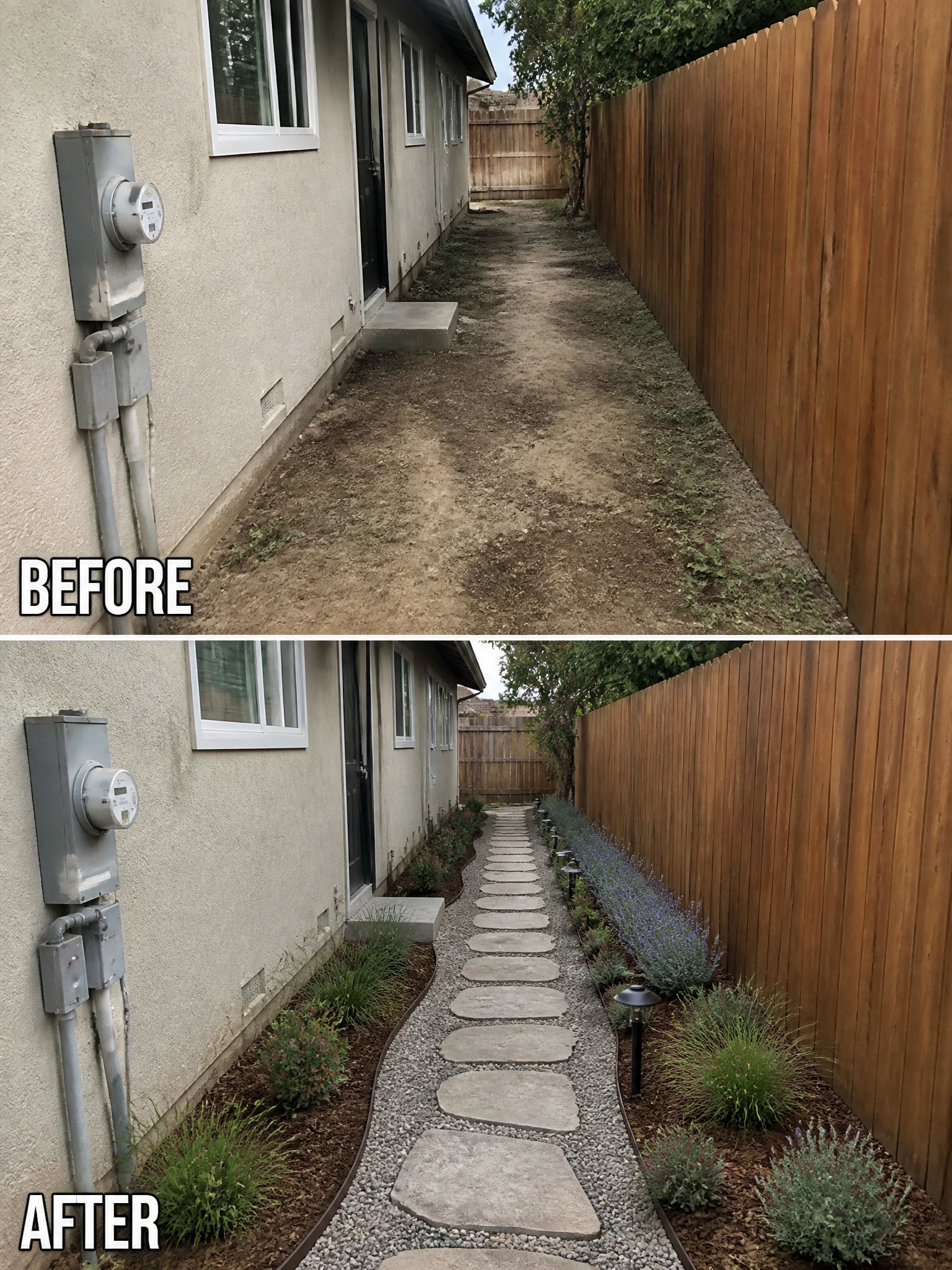 Before-and-after views of a bare dirt side yard turned into a stone path with plants and gravel.