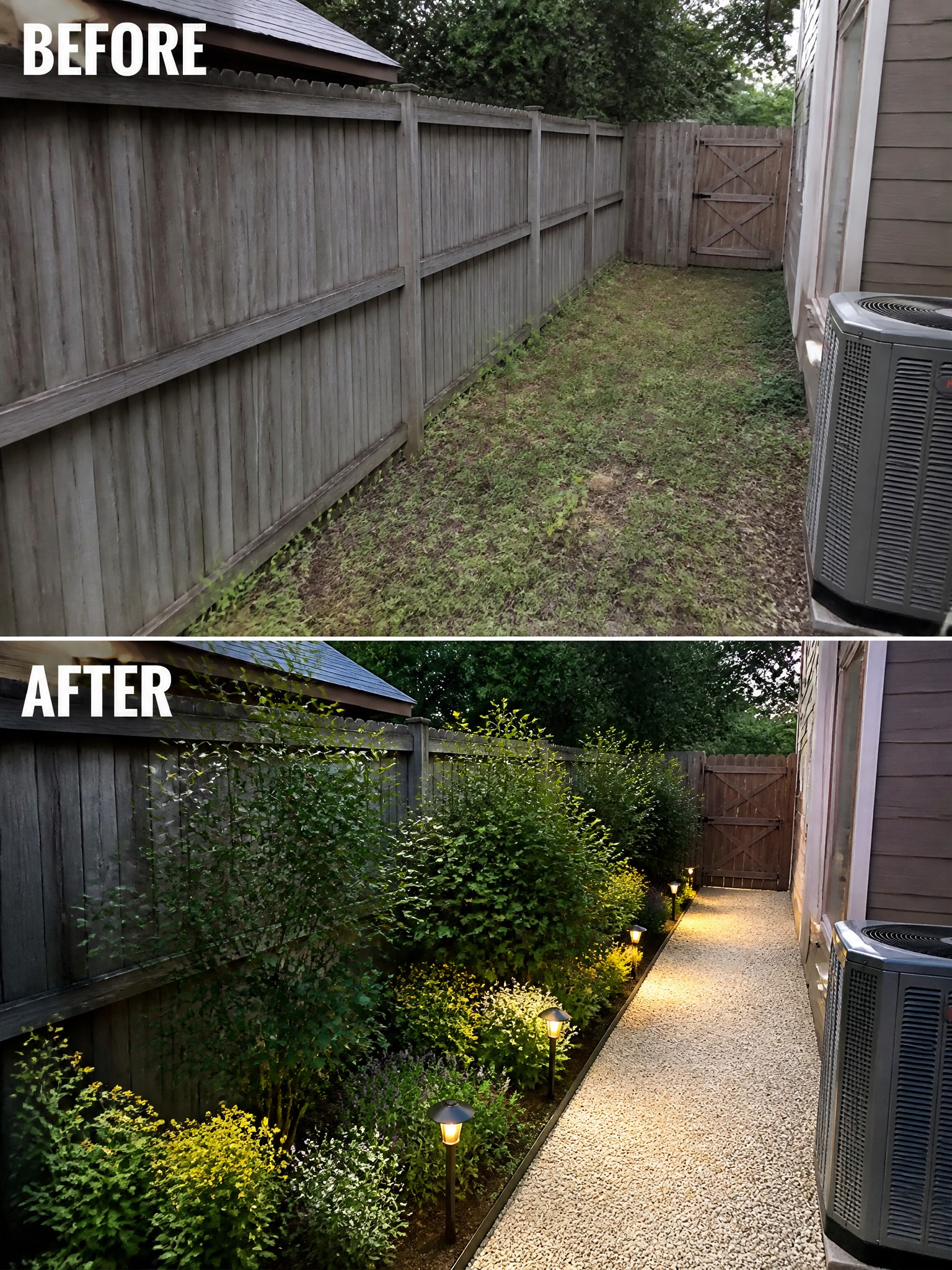 Before and after of weedy yard transformed into gravel path with garden and lights