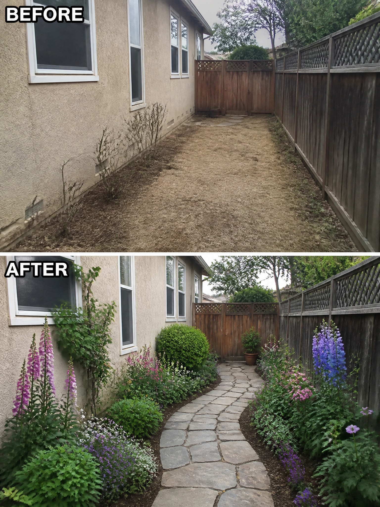 Before and after of barren yard transformed into lush garden with stone path and flowers.