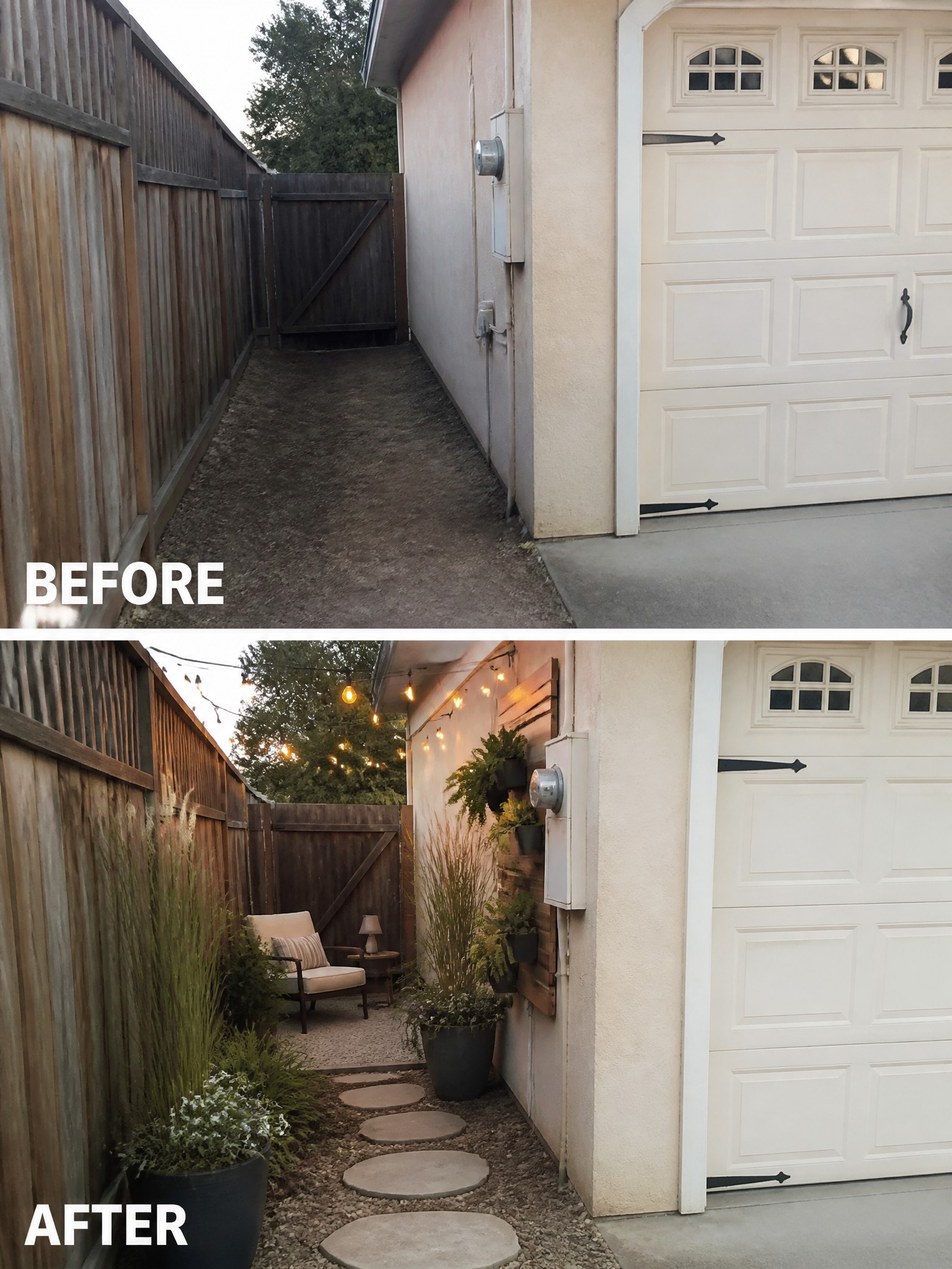Before-and-after photos of a bare side yard transformed with plants, lights, and stepping stones.