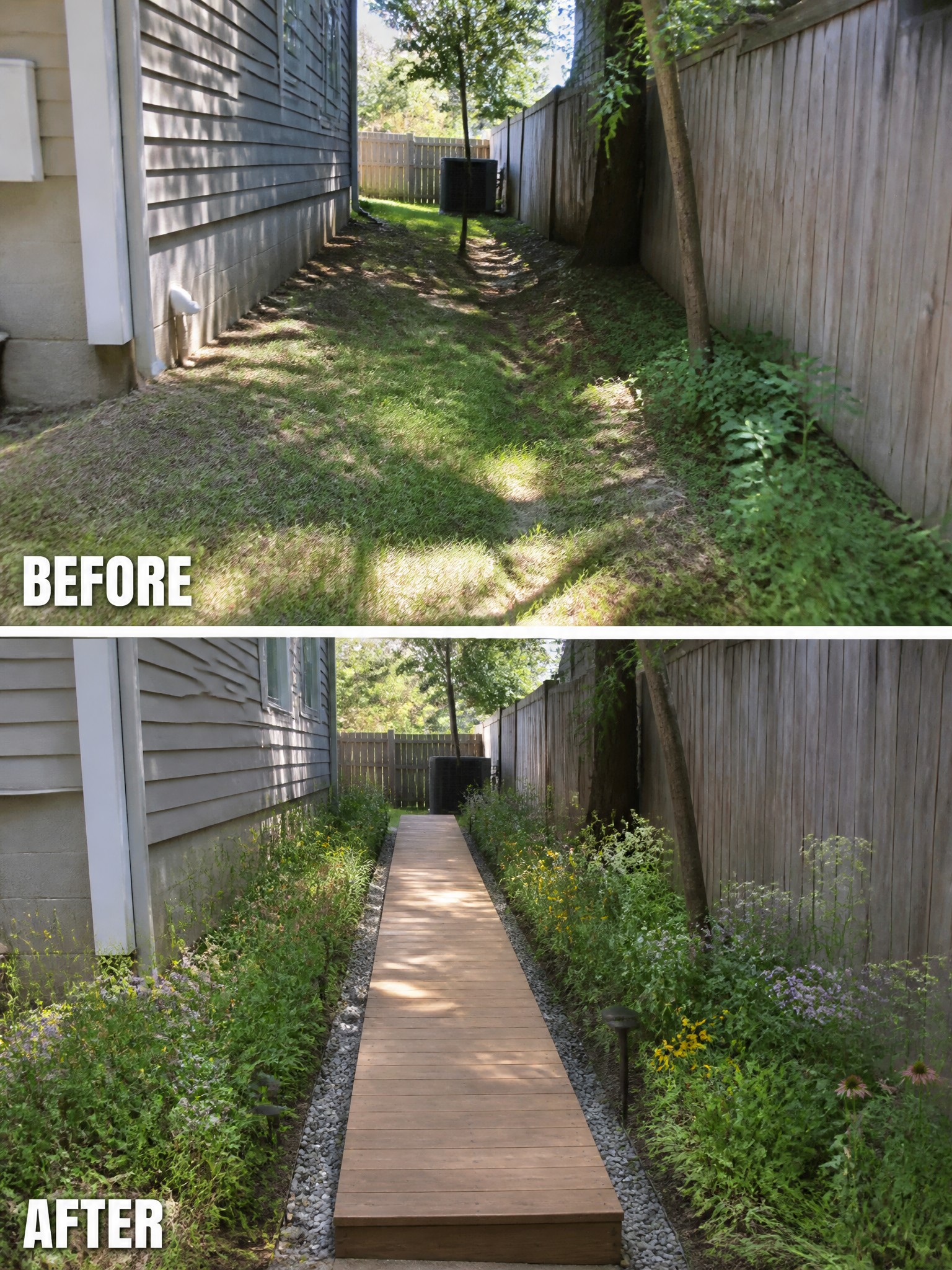 Before-and-after image of an overgrown side yard changed into a space with a wooden boardwalk, gravel borders, and planted garden beds on both sides.