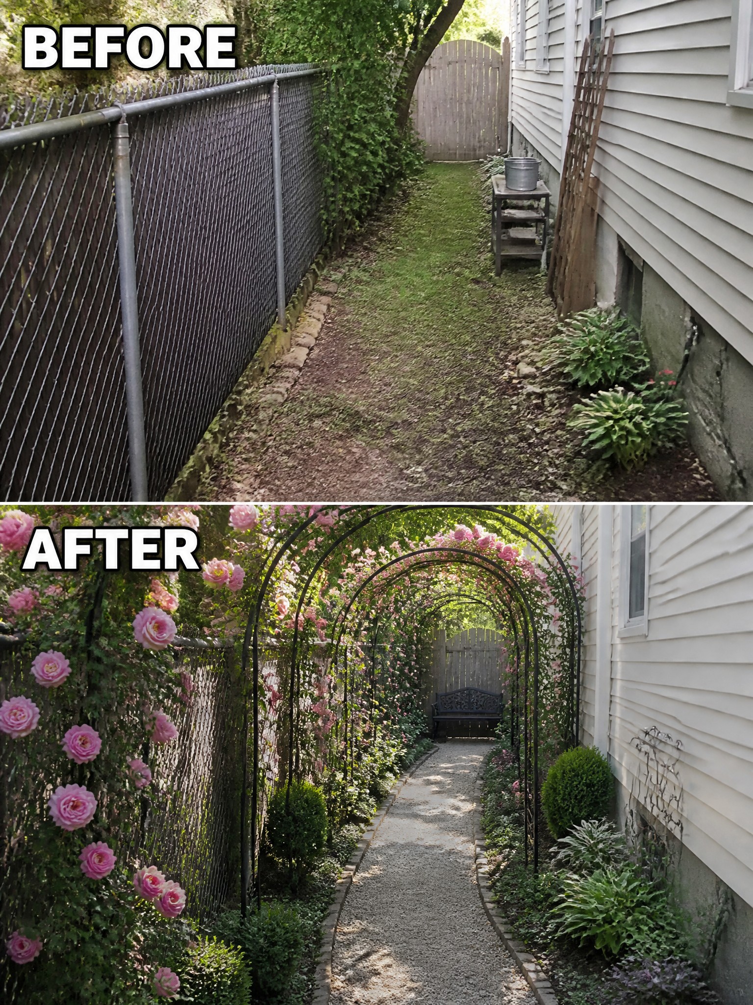 Before-and-after view of narrow path transformed by pink rose-covered arches and gravel walkway.