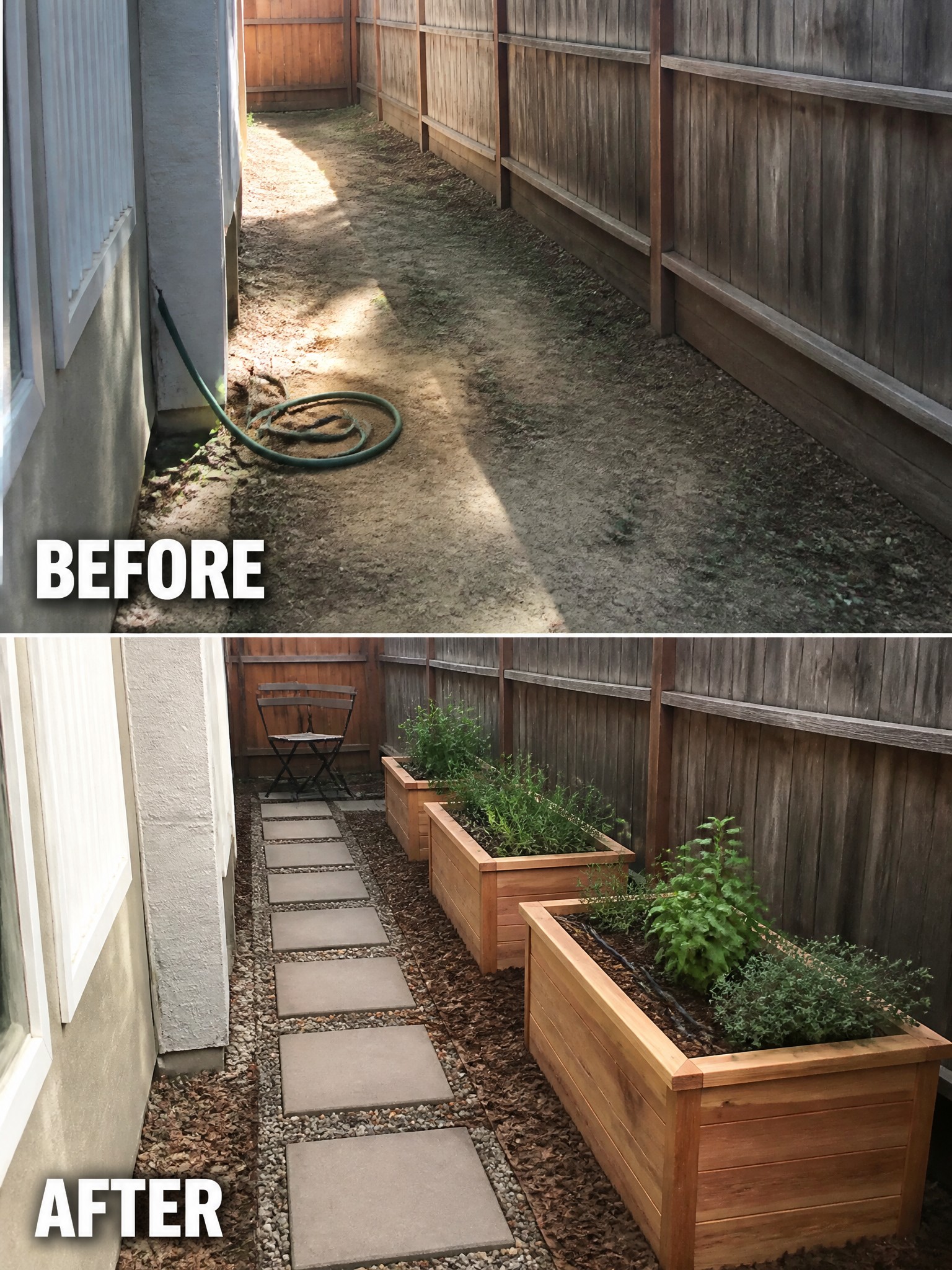 Before-and-after backyard makeover with raised planters, plants, and stone pathway.