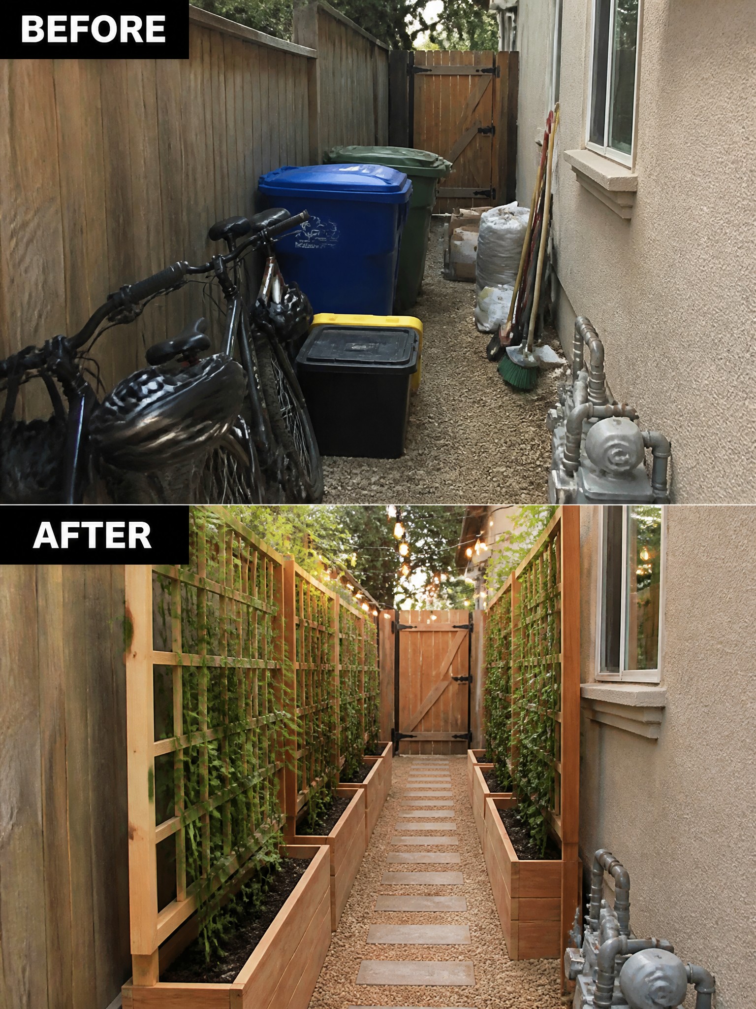 Cluttered alley with bike and bins above, renovated garden path with planters and lights below.