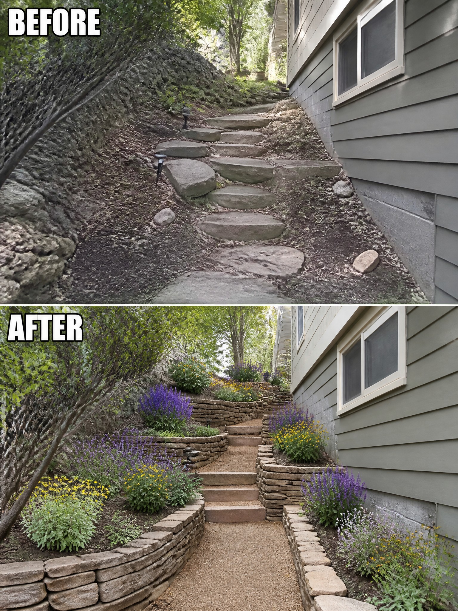 Before-and-after image of an overgrown side yard path transformed into a terraced walkway with stacked stone walls and planted garden beds.
