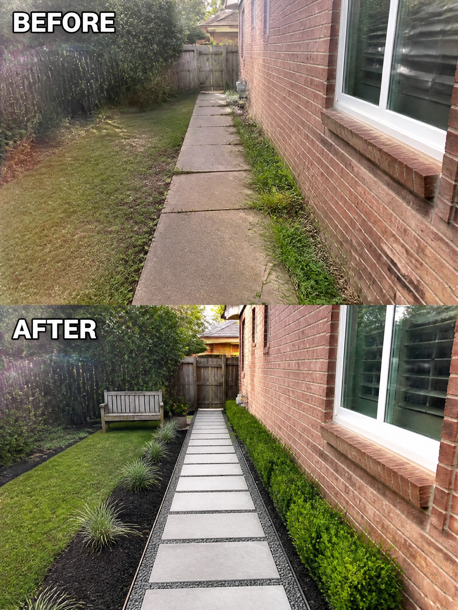 Before-and-after image of an overgrown side yard concrete path changed into a structured walkway with pavers set in gravel and planted borders along a brick house.