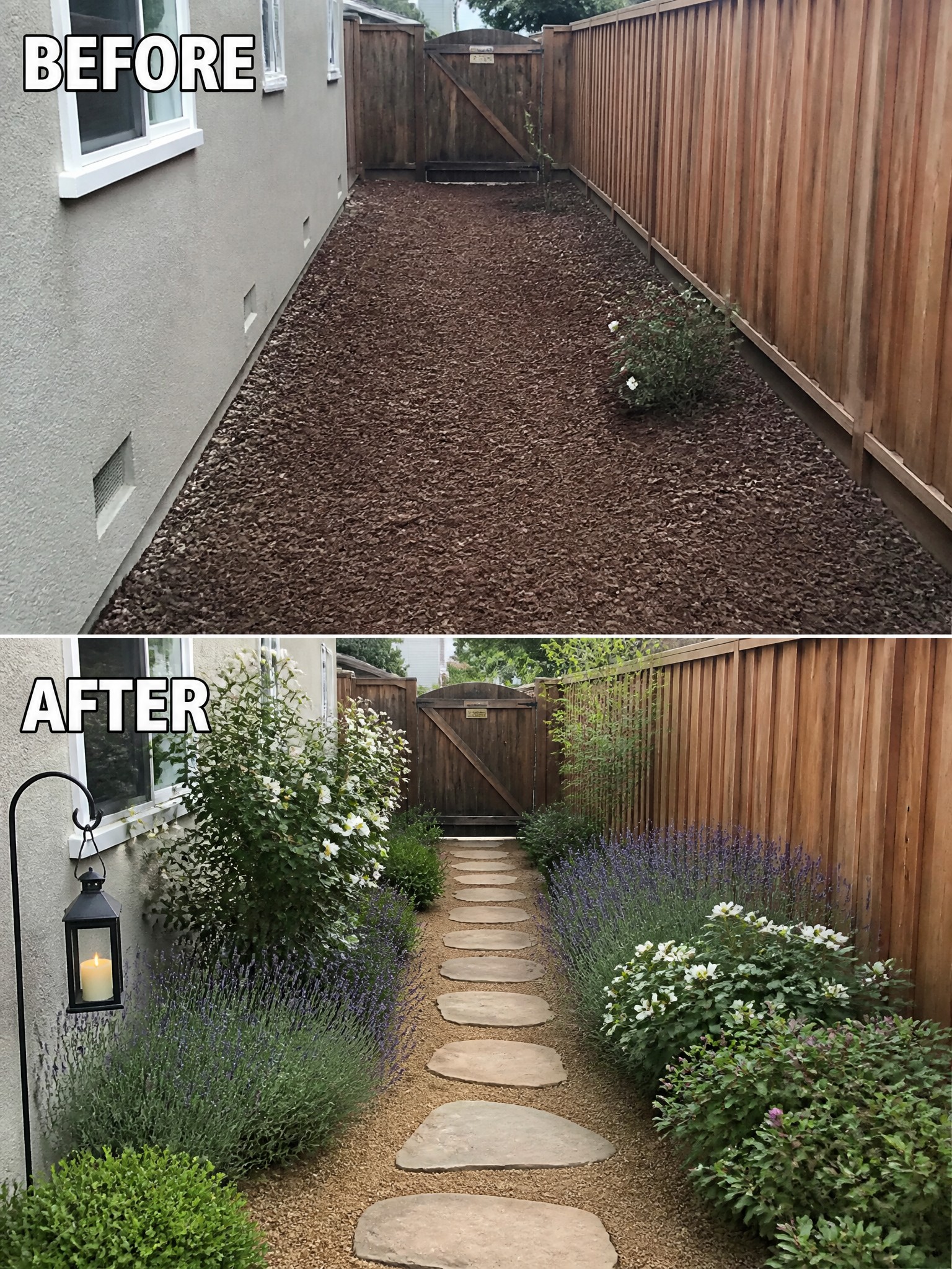 Before-and-after image of a bare side yard transformed with a stepping stone path and planted borders.