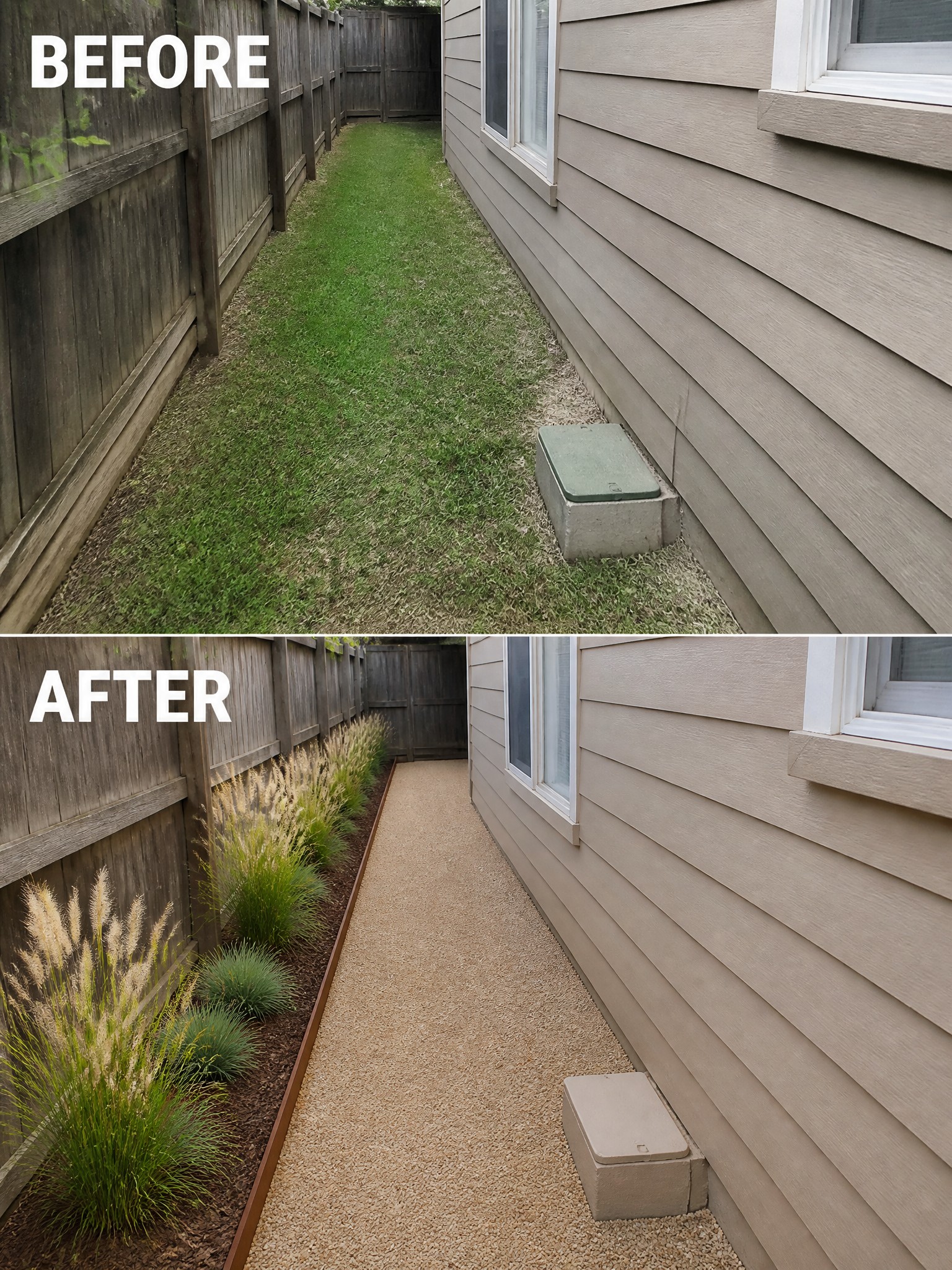 Before grassy path and after gravel walkway with ornamental grasses beside house.