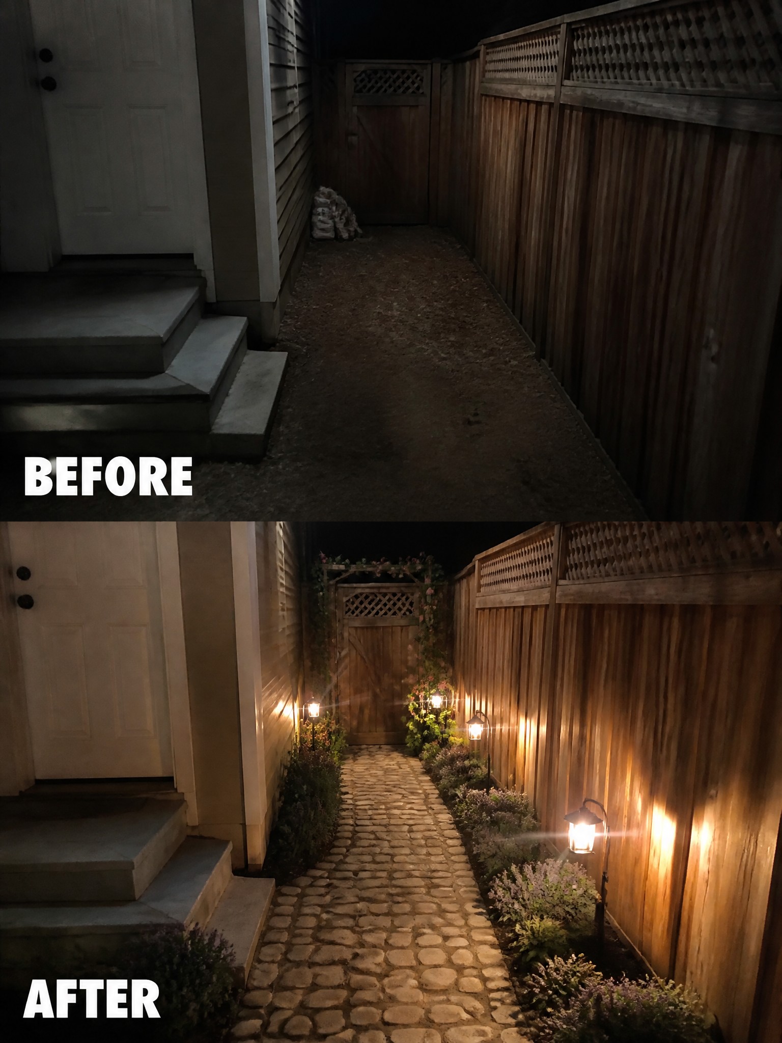 Before-and-after of dark dirt path transformed into lighted cobblestone walkway with plants and flowers