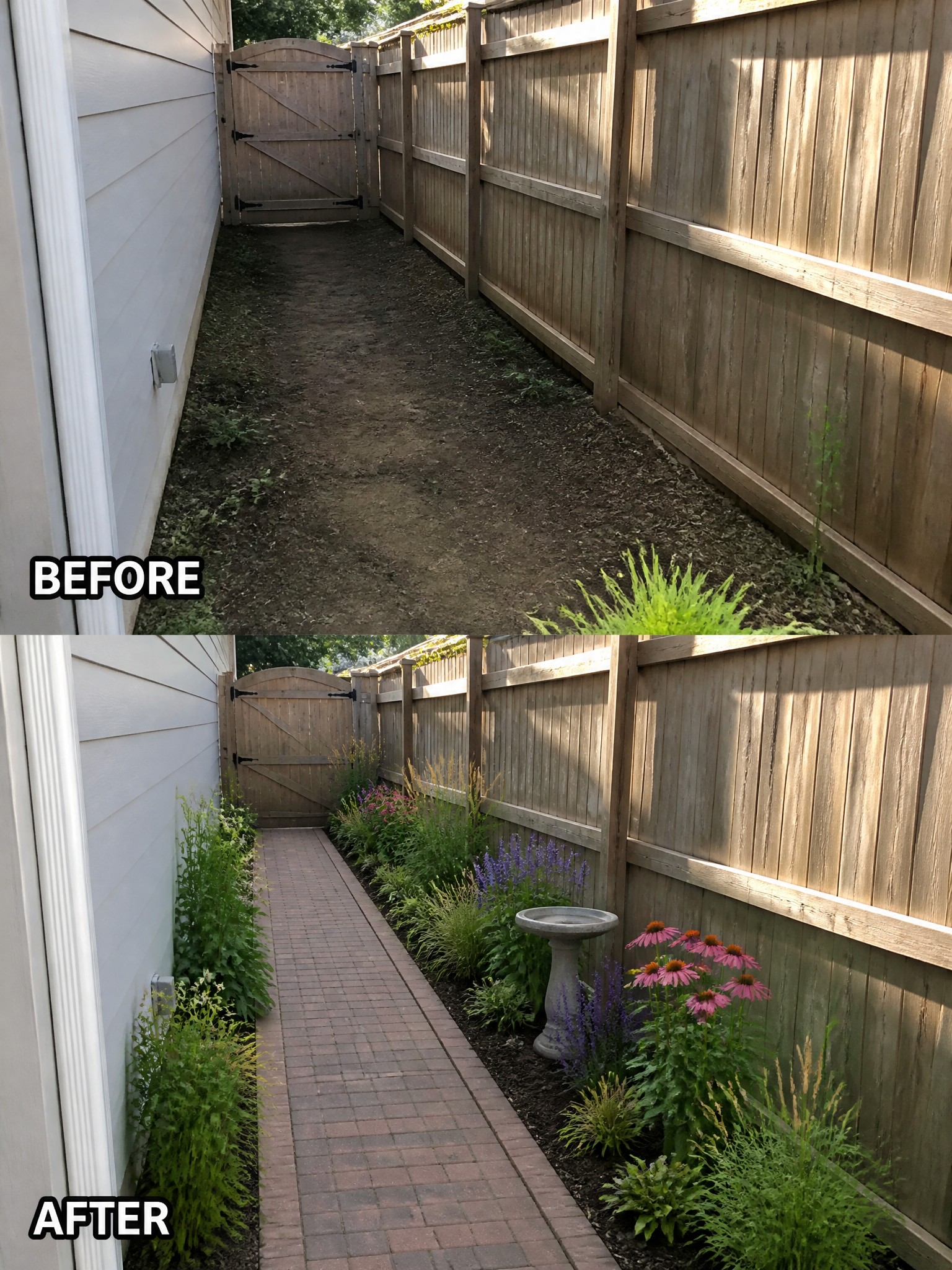 Before-and-after image of a bare dirt side yard path changed into a brick walkway with planted garden beds along both sides.