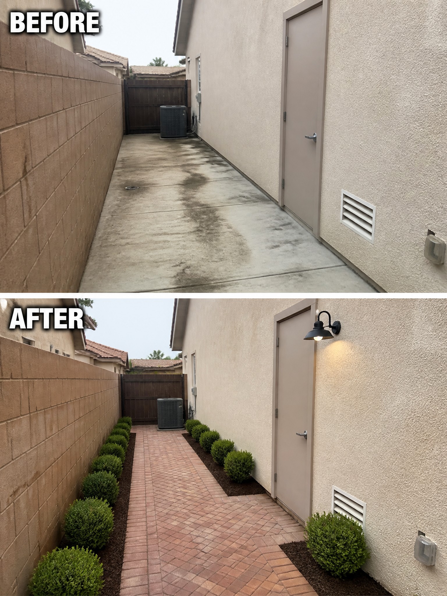 Before and after of concrete walkway upgraded to brick pavers with added shrubs and lighting.