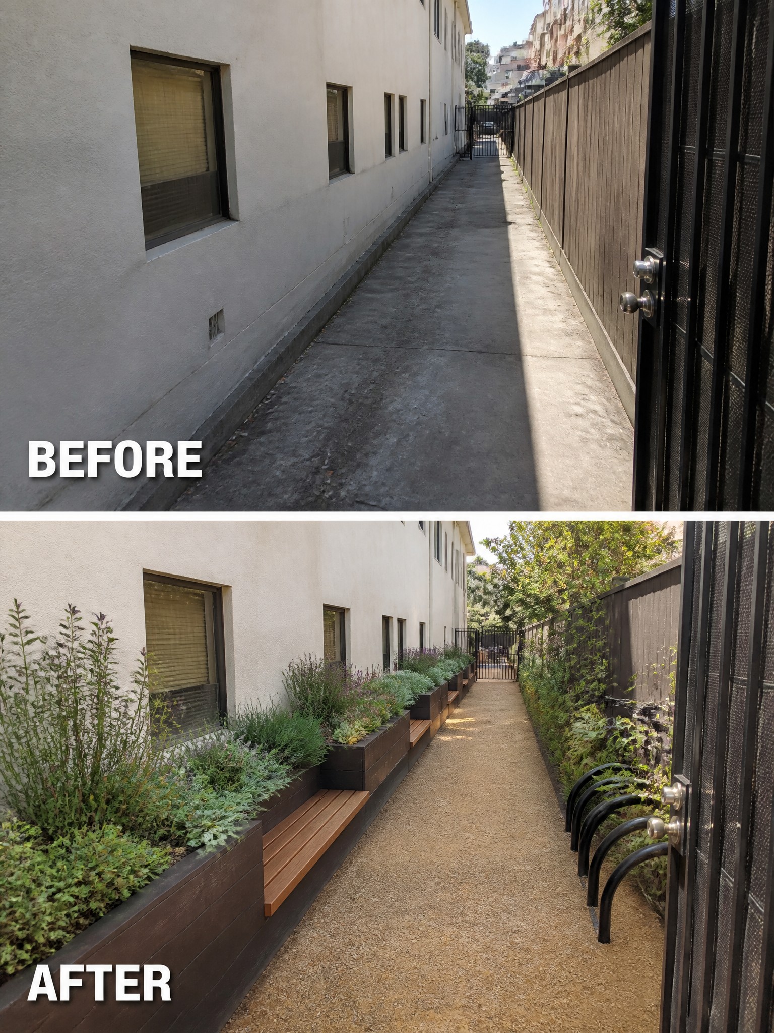 Before and after of narrow alley renovated with planters, benches, and bike racks