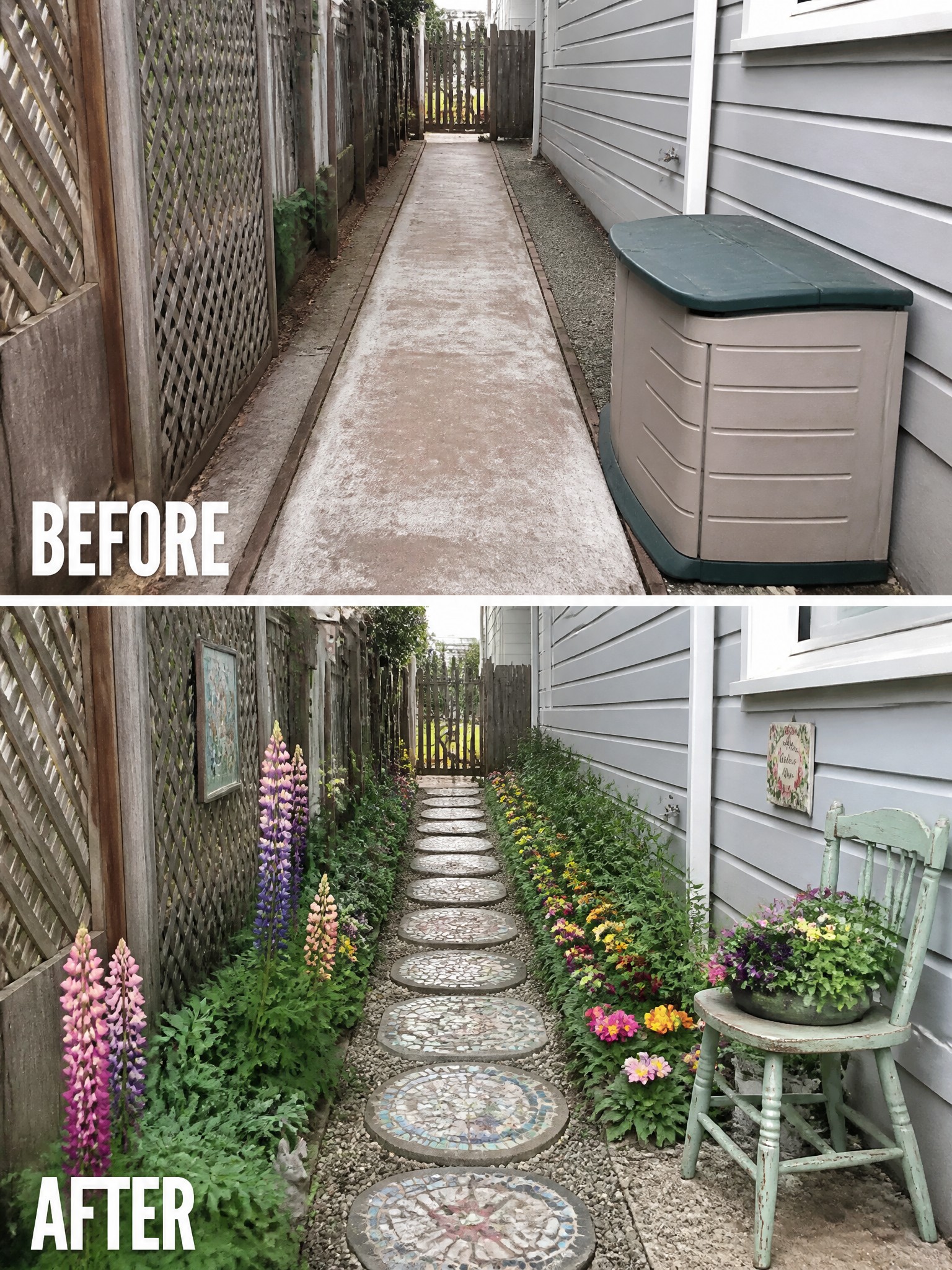 Before-and-after image of a narrow side yard path changed from bare gravel to a walkway lined with mosaic stepping stones and colorful flower borders.