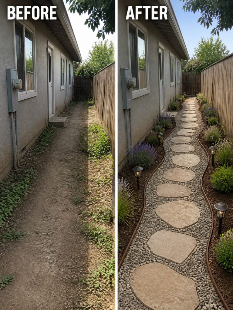 Before-and-after views of a bare dirt side yard turned into a stone path with plants and gravel.