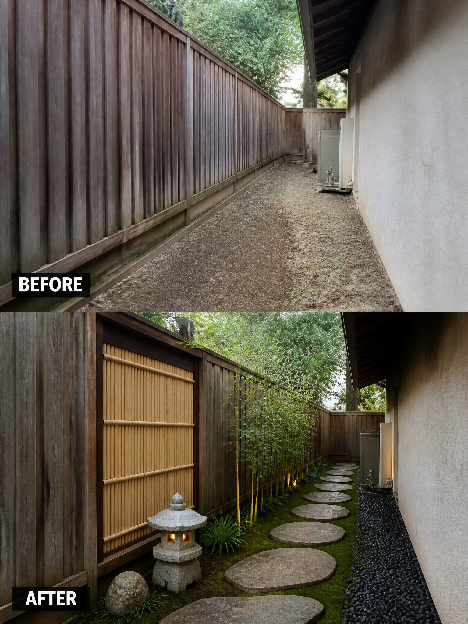 Before-and-after image of a narrow dirt side yard changed into a garden path with stepping stones, bamboo planting, and a stone lantern.