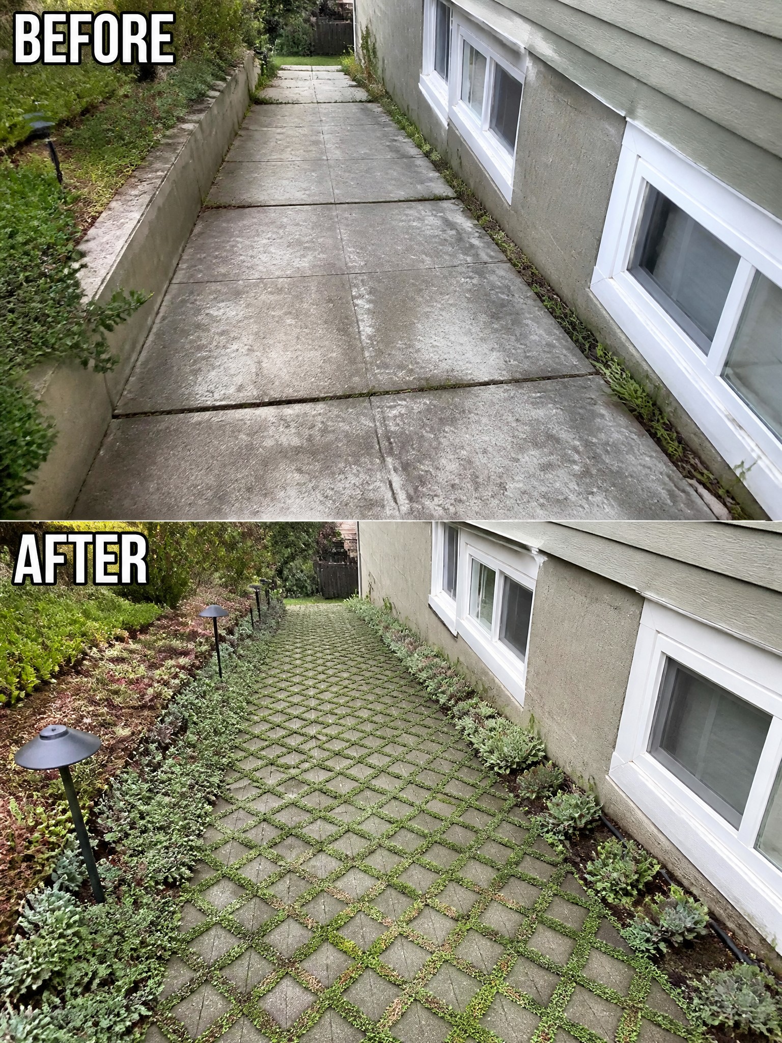 Before-and-after of concrete walkway transformed into grassy paver path with landscaping