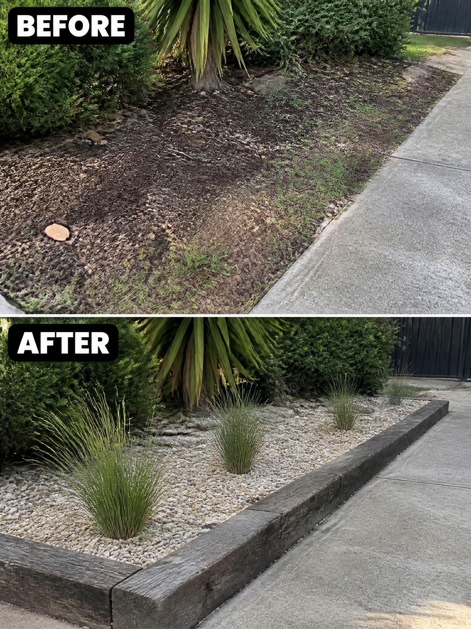 Before-and-after image of a neglected garden bed changed into a clean gravel bed with wooden edging and new plants.