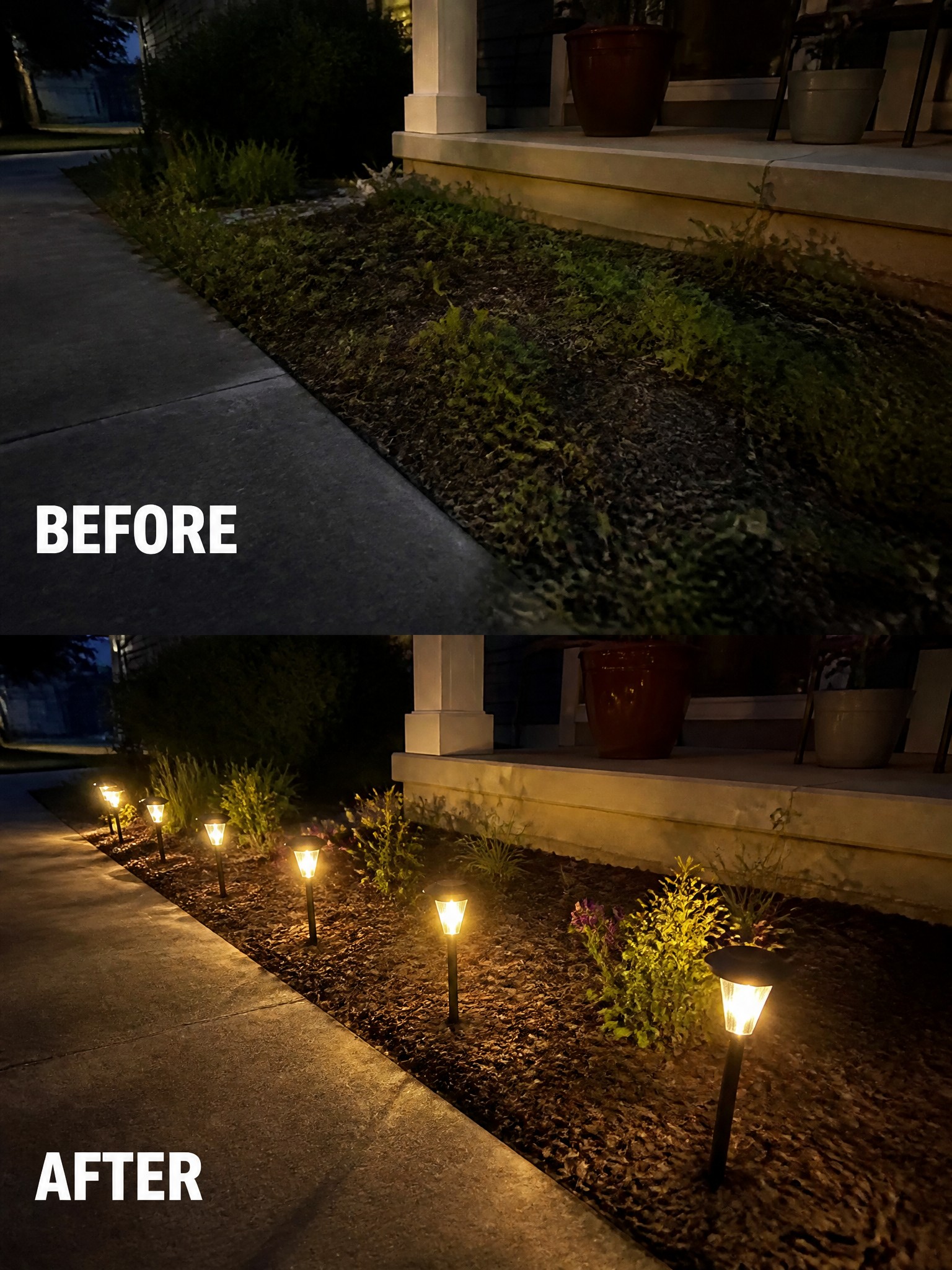 Before and after of dark garden bed transformed with glowing solar pathway lights at night.