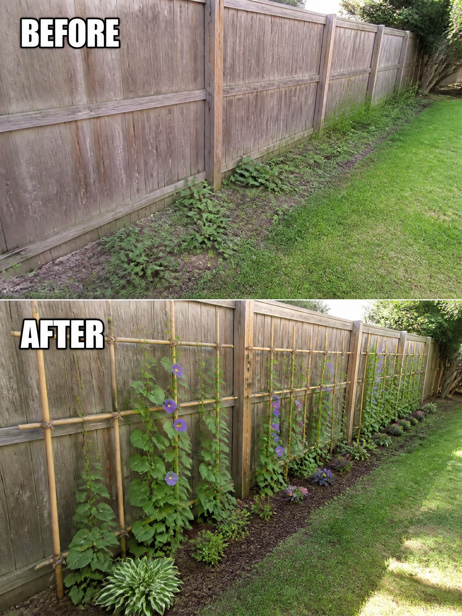 Before-and-after image of an overgrown fence line changed into a structured garden border with a bamboo trellis and climbing plants.