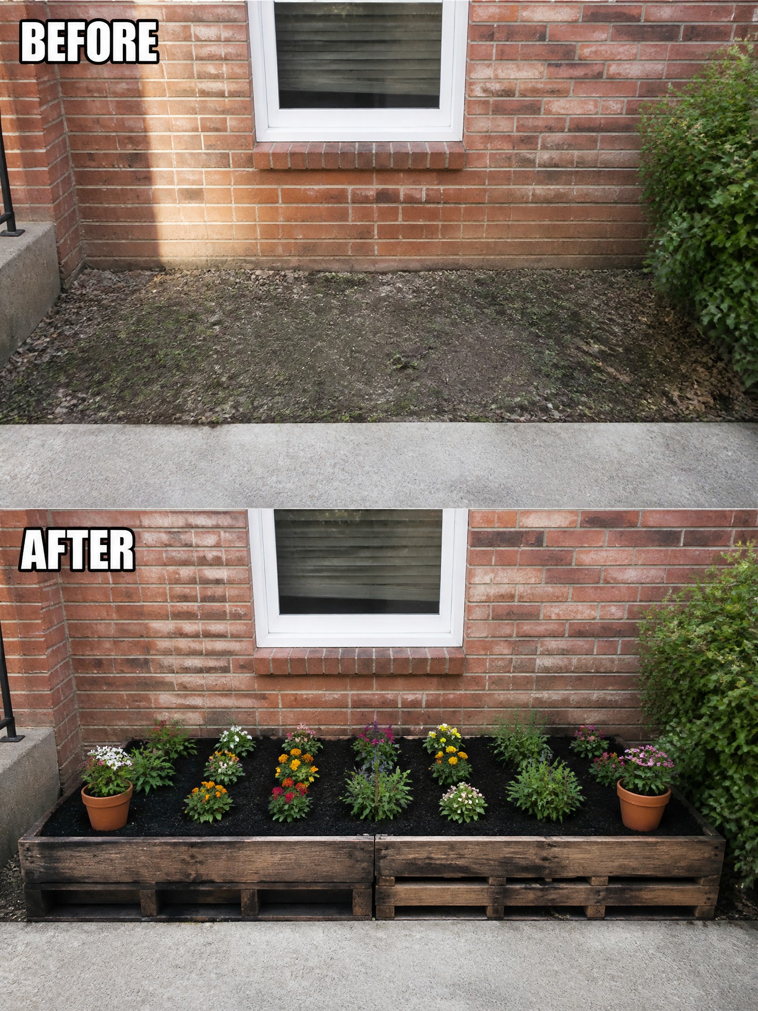 Before and after of brick wall dirt patch turned into colorful pallet flower garden