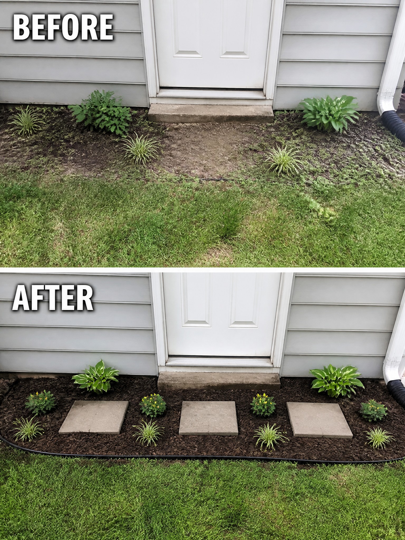 Before and after garden bed makeover with mulch, hostas, flowers, and stepping stones