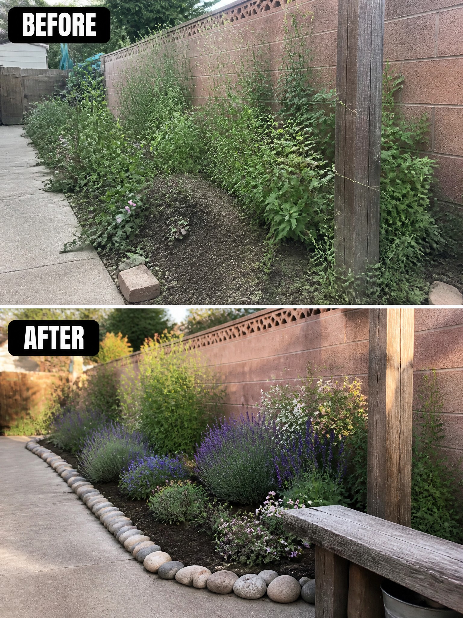 Before and after of overgrown garden bed transformed into neat lavender-filled flower border with rocks.
