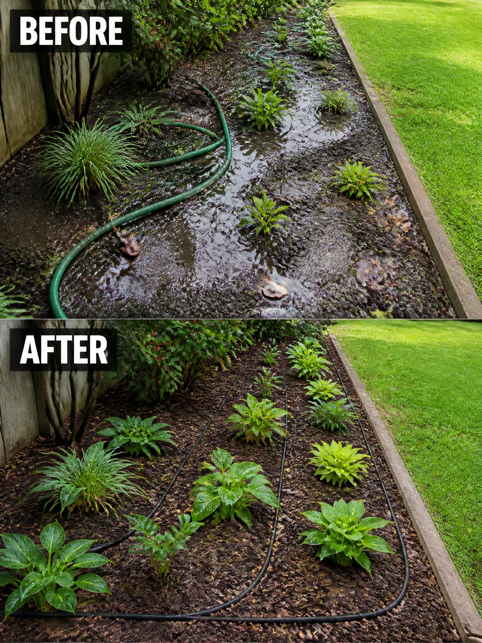 Before-and-after image of a waterlogged garden bed changed into neat mulched beds with irrigation lines and organized planting.