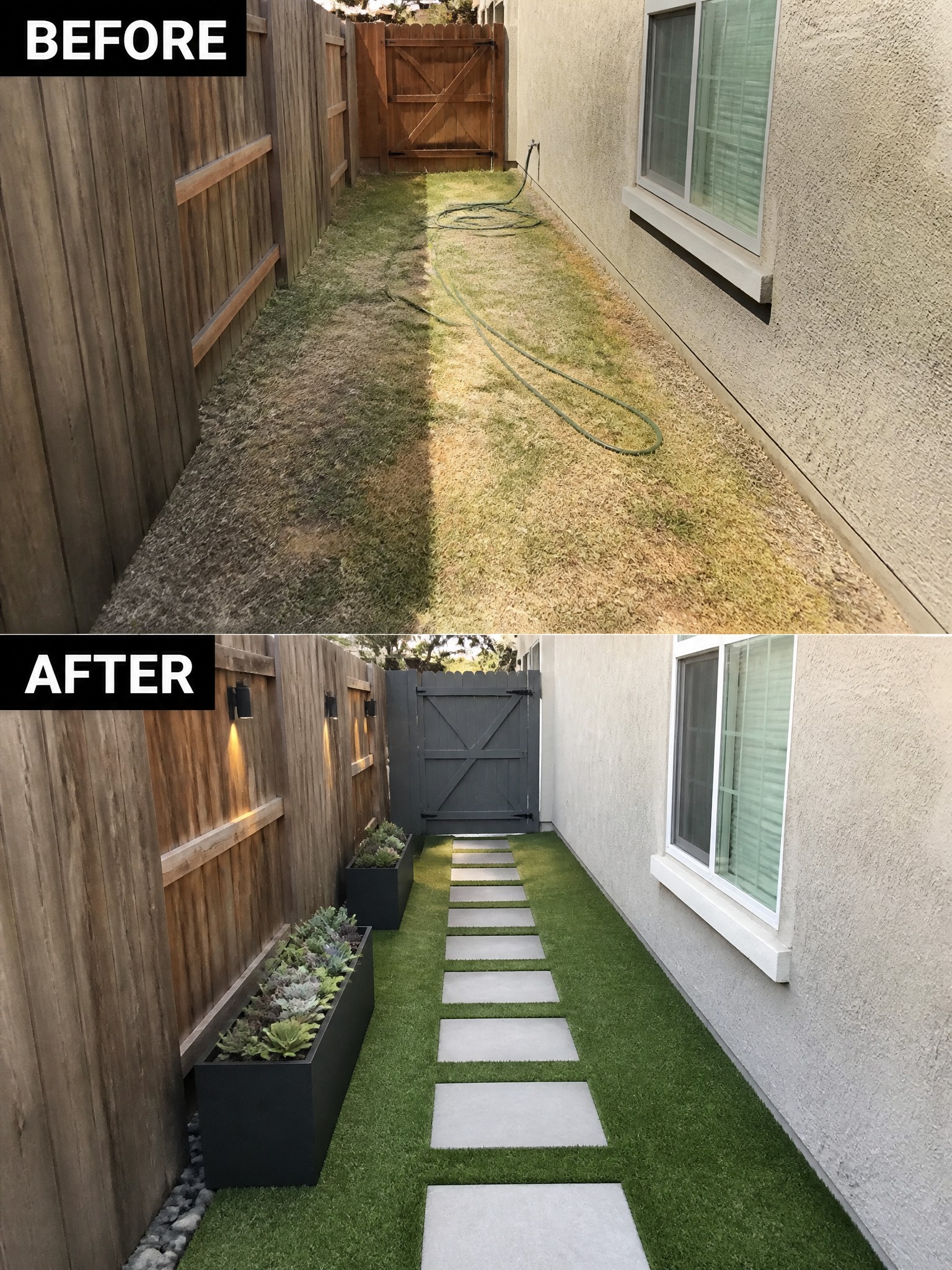 Before and after of narrow yard transformed with artificial turf, stepping stones, and planters.