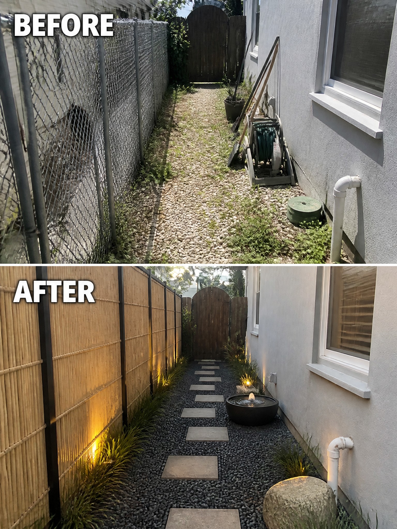 Before-and-after image of a narrow side yard showing a chain link fence replaced by a bamboo privacy fence, with added stepping stones, gravel, and low lighting.