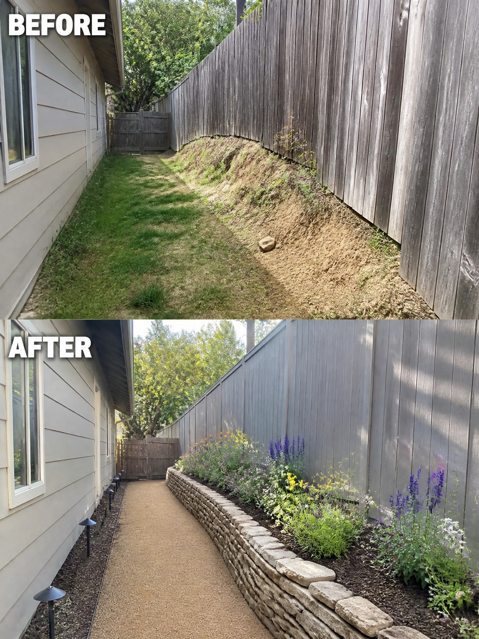 Before and after of side yard with gravel path, stone wall, and flower garden