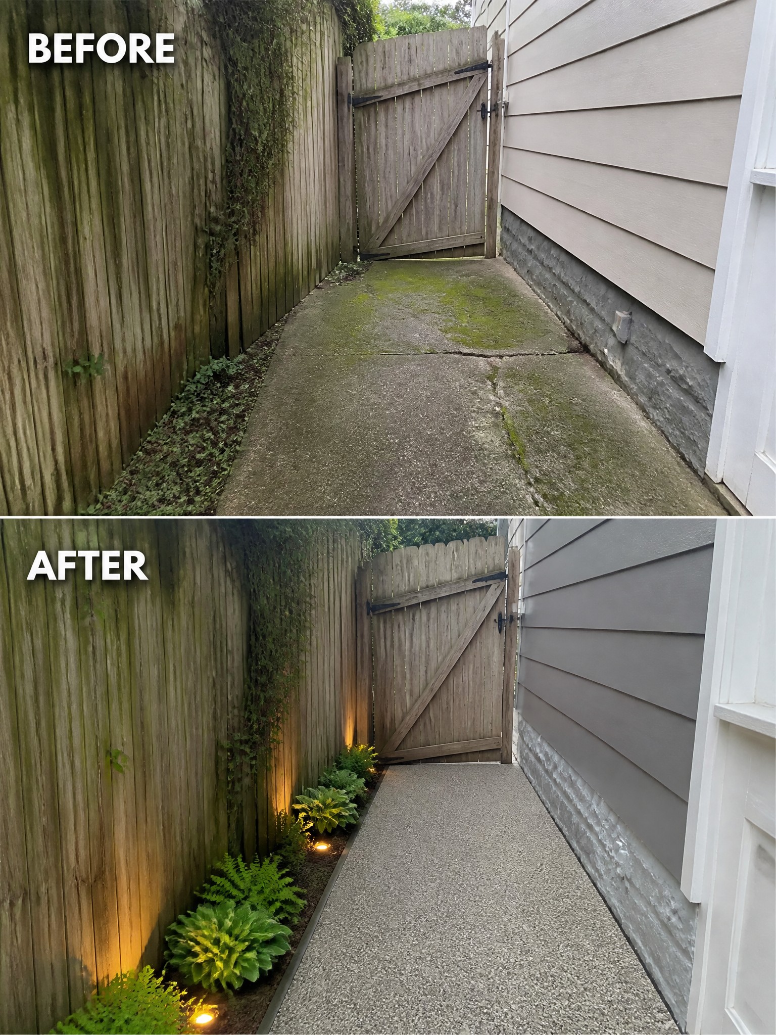 Before and after of mossy side path transformed with plants, lights, and gray siding.