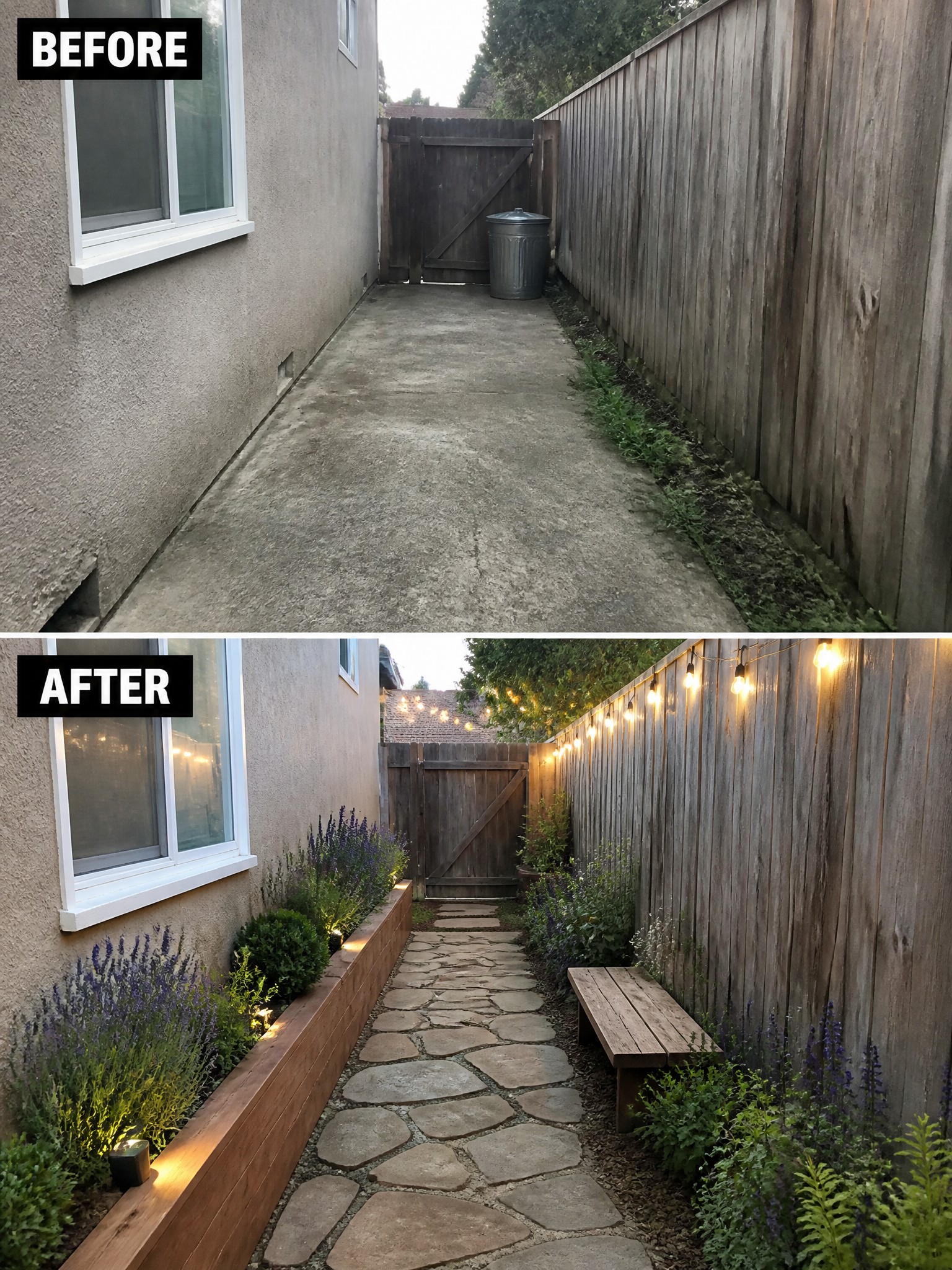 Before-and-after of narrow concrete path turned into stone walkway with plants, bench, and lights.
